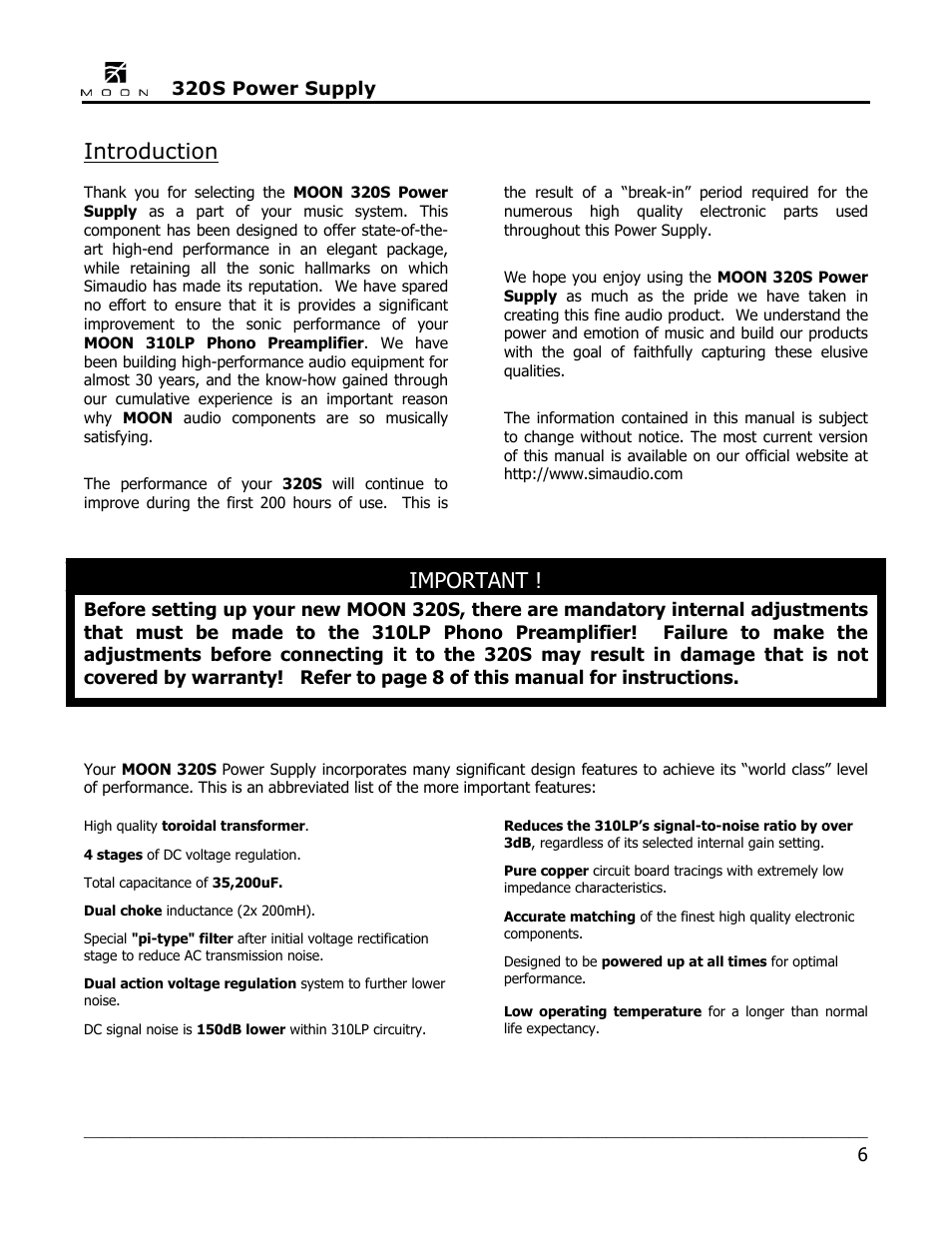 Introduction, Important, S power supply | Simaudio 320S Power Supply User Manual | Page 6 / 12