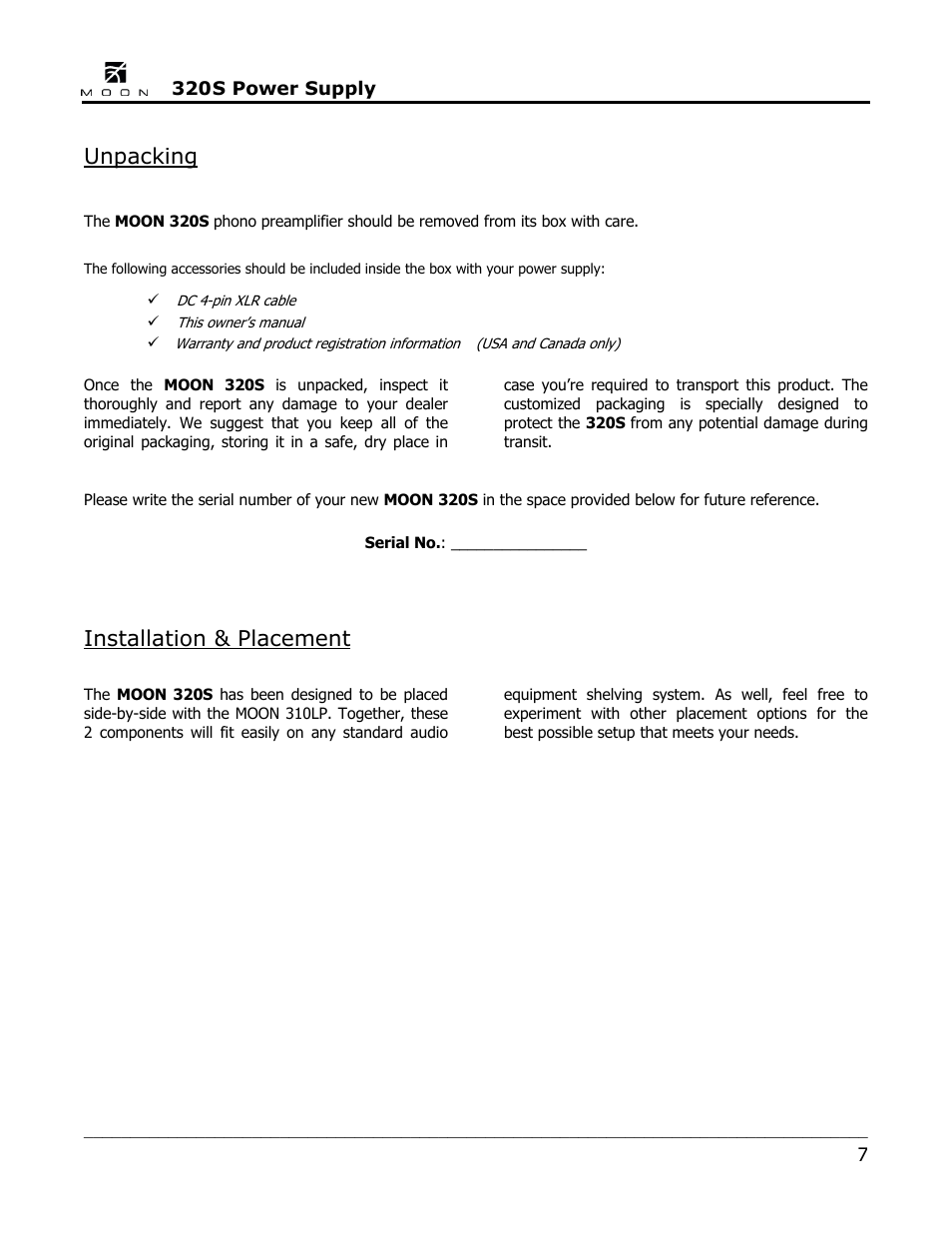 Unpacking, Installation & placement | Simaudio 320S Power Supply User Manual | Page 7 / 12