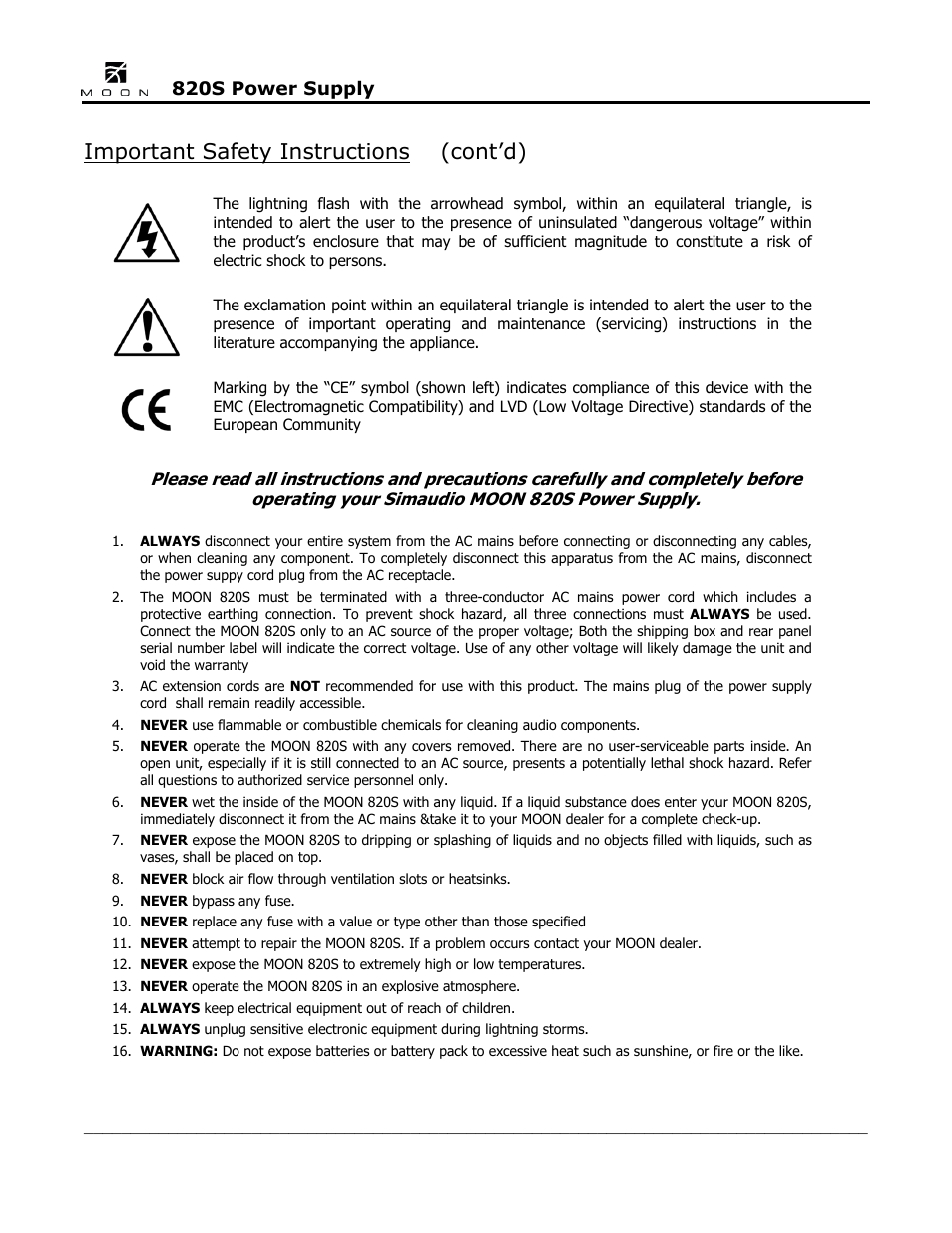 Important safety instructions (cont’d) | Simaudio 820S Power Supply User Manual | Page 4 / 12