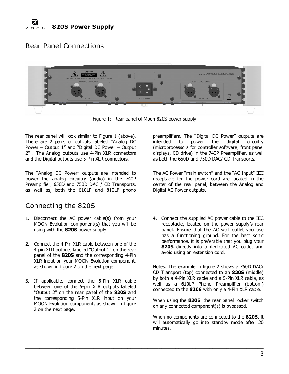 Rear panel connections, Connecting the 820s | Simaudio 820S Power Supply User Manual | Page 8 / 12