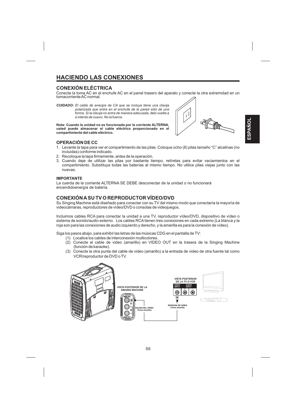 頁面 21, Haciendo las conexiones, Conexión eléctrica | Conexión a su tv o reproductor vídeo/dvd, Esp añol, Operación de cc | Singing Machine SML383 User Manual | Page 21 / 44