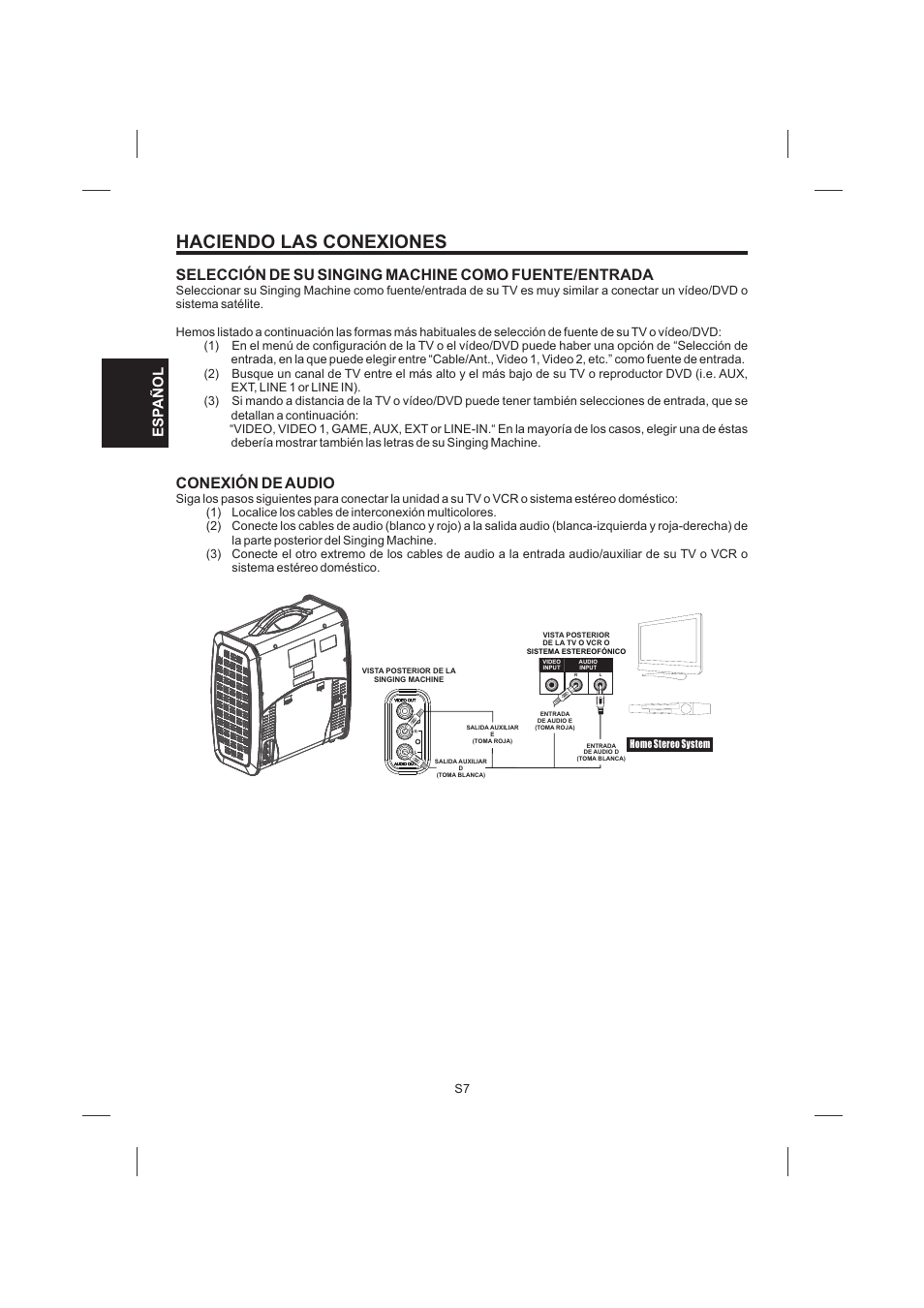 頁面 22, Haciendo las conexiones, Conexión de audio | Esp añol | Singing Machine SML383 User Manual | Page 22 / 44