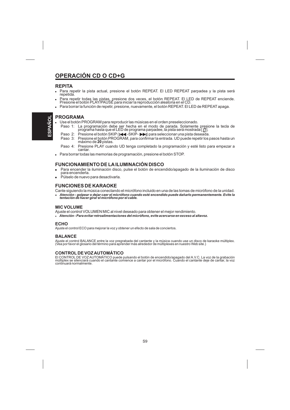 頁面 24, Operación cd o cd+g, Repita | Programa, Funcionamiento de la iluminación disco, Funciones de karaoke | Singing Machine SML383 User Manual | Page 24 / 44