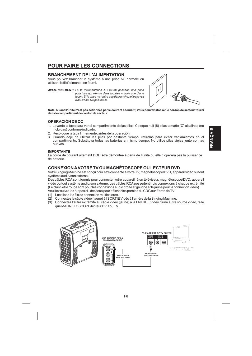 頁面 35, Pour faire les connections, Branchement de l'alimentation | Français, Operación de cc | Singing Machine SML383 User Manual | Page 35 / 44