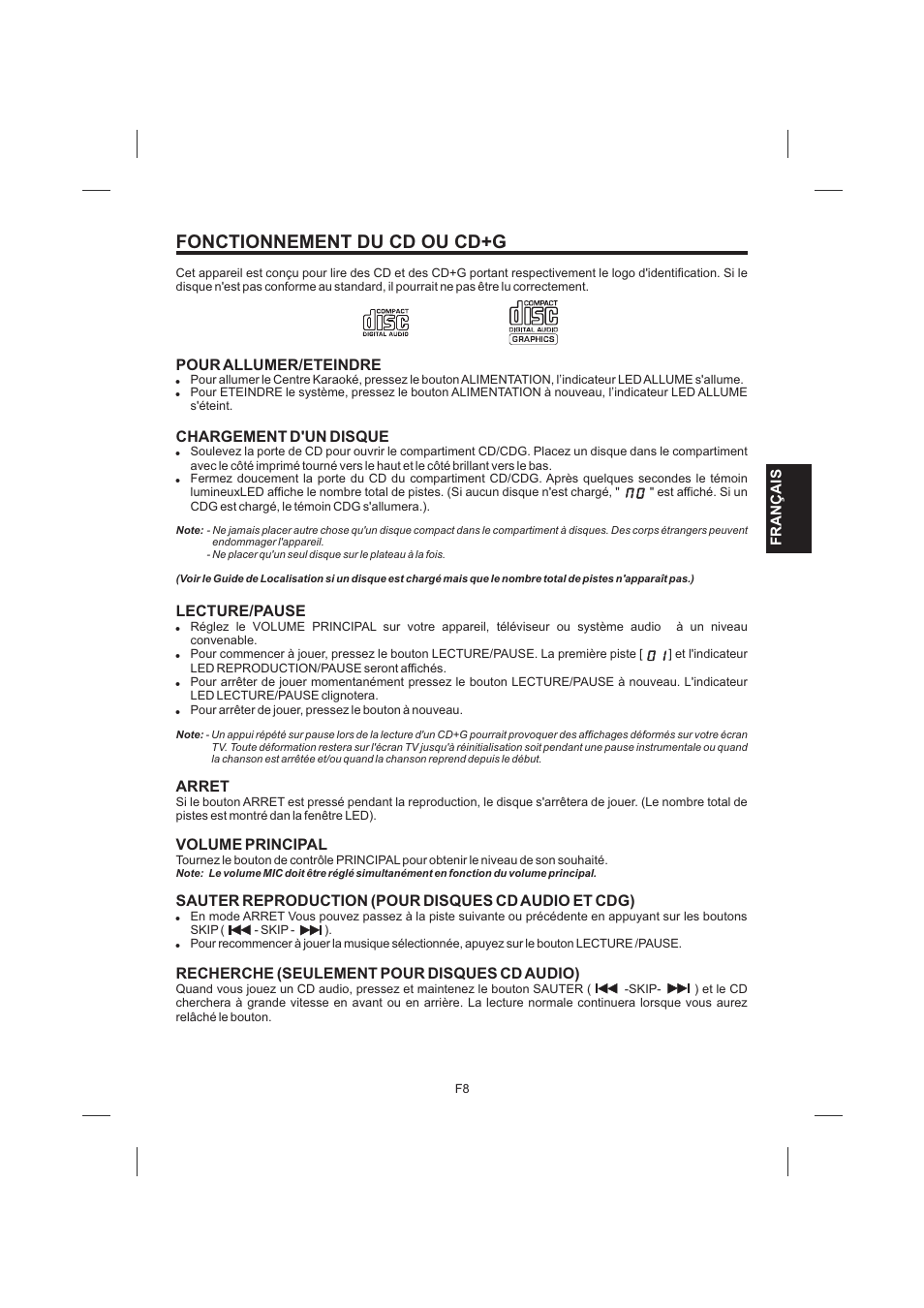 頁面 37, Fonctionnement du cd ou cd+g, Pour allumer/eteindre | Chargement d'un disque, Lecture/pause, Arret, Volume principal, Sauter reproduction (pour disques cd audio et cdg), Recherche (seulement pour disques cd audio) | Singing Machine SML383 User Manual | Page 37 / 44