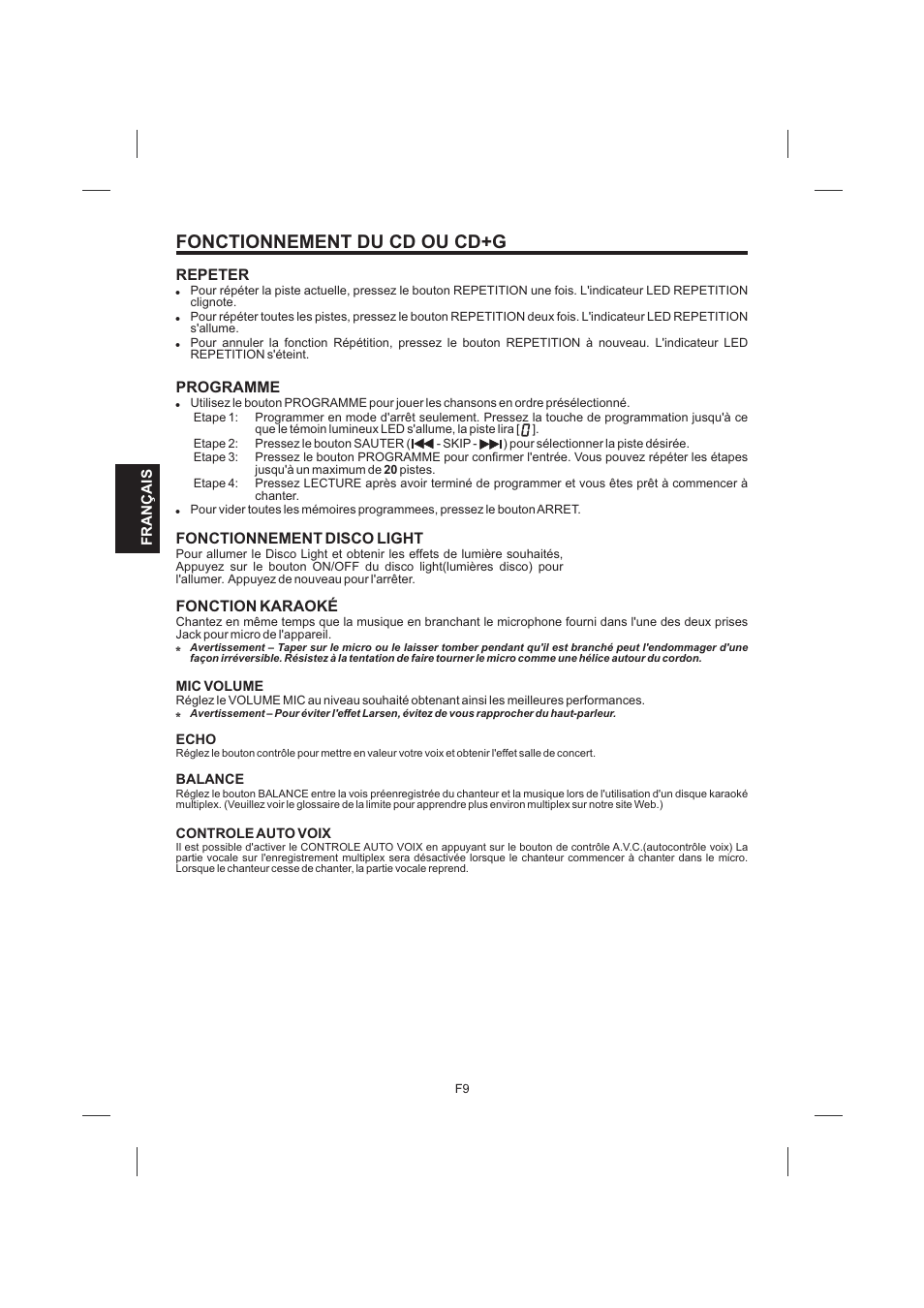頁面 38, Fonctionnement du cd ou cd+g, Repeter | Programme, Fonctionnement disco light, Fonction karaoké | Singing Machine SML383 User Manual | Page 38 / 44