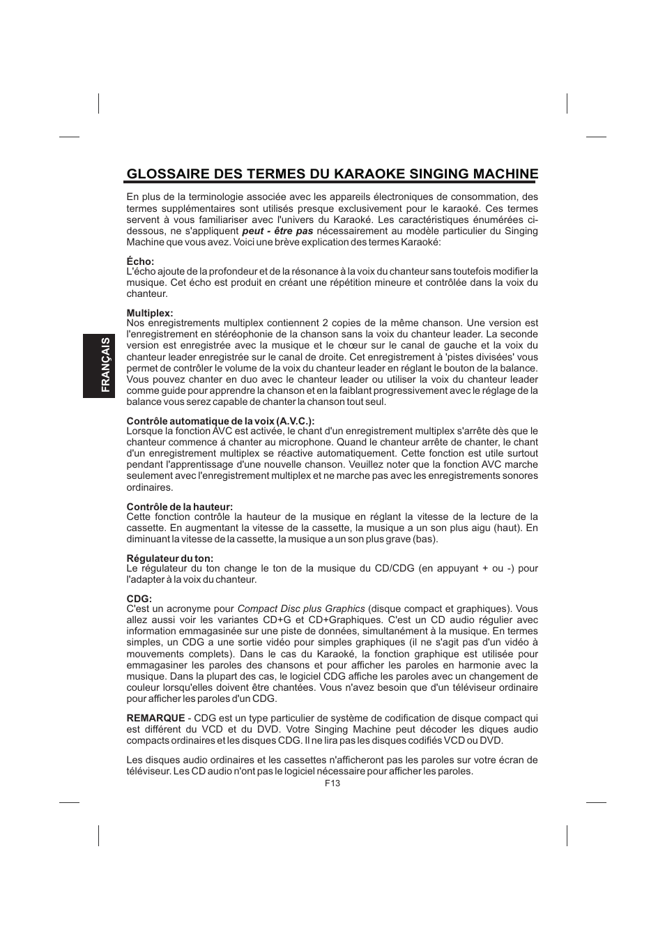 頁面 42, Glossaire des termes du karaoke singing machine | Singing Machine SML383 User Manual | Page 42 / 44