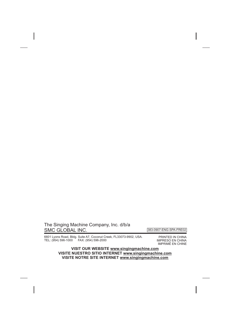 頁面 44, Smc global inc, The singing machine company, inc. d/b/a | Singing Machine SML383 User Manual | Page 44 / 44