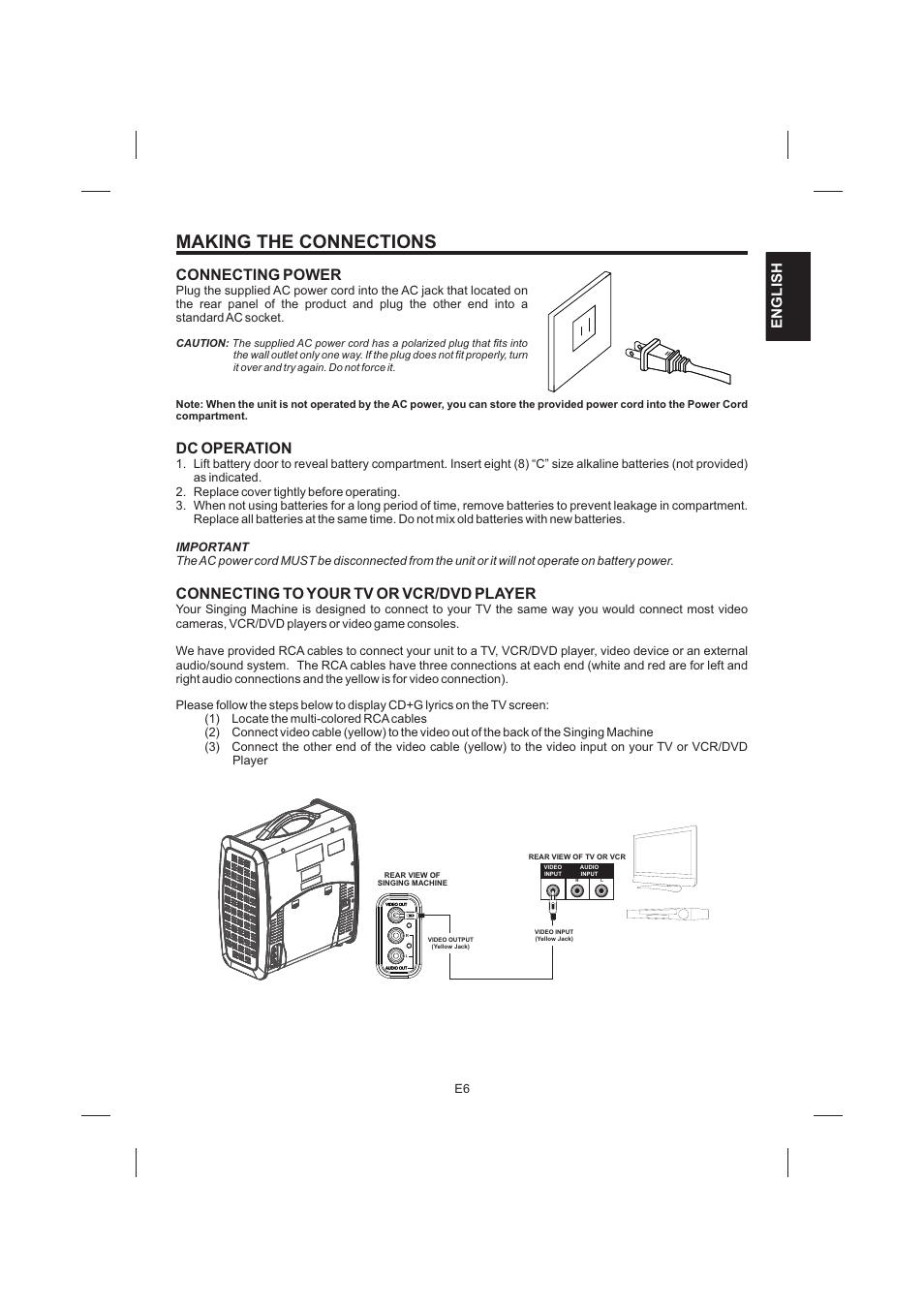 頁面 7, Making the connections, Connecting power | Dc operation, Connecting to your tv or vcr/dvd player | Singing Machine SML383 User Manual | Page 7 / 44