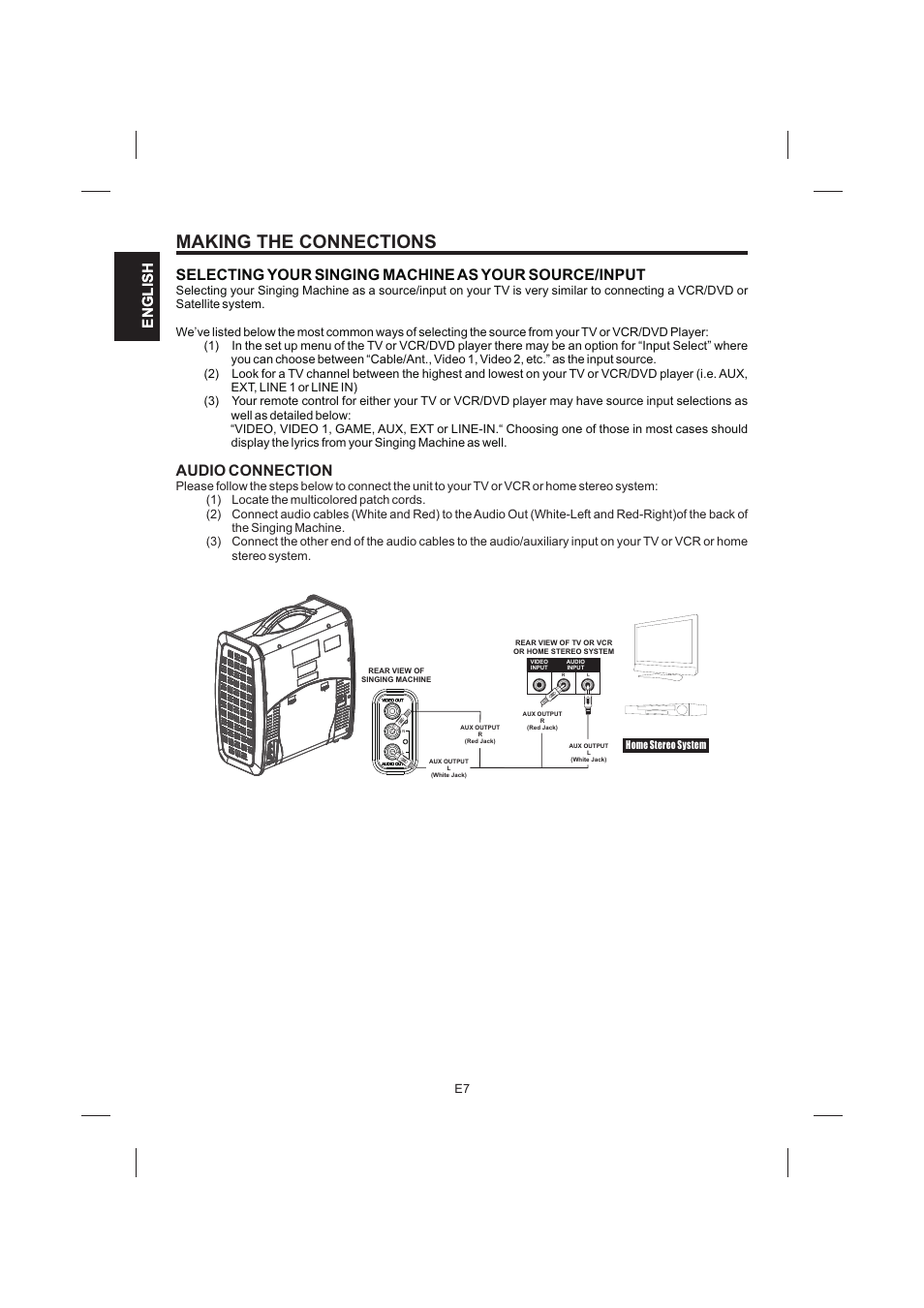 頁面 8, Making the connections, Audio connection | Singing Machine SML383 User Manual | Page 8 / 44
