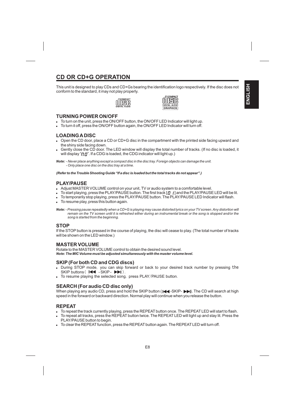 頁面 9, Cd or cd+g operation, Turning power on/off | Loading a disc, Play/pause, Stop, Master volume, Skip (for both cd and cdg discs), Search (for audio cd disc only), Repeat | Singing Machine SML383 User Manual | Page 9 / 44