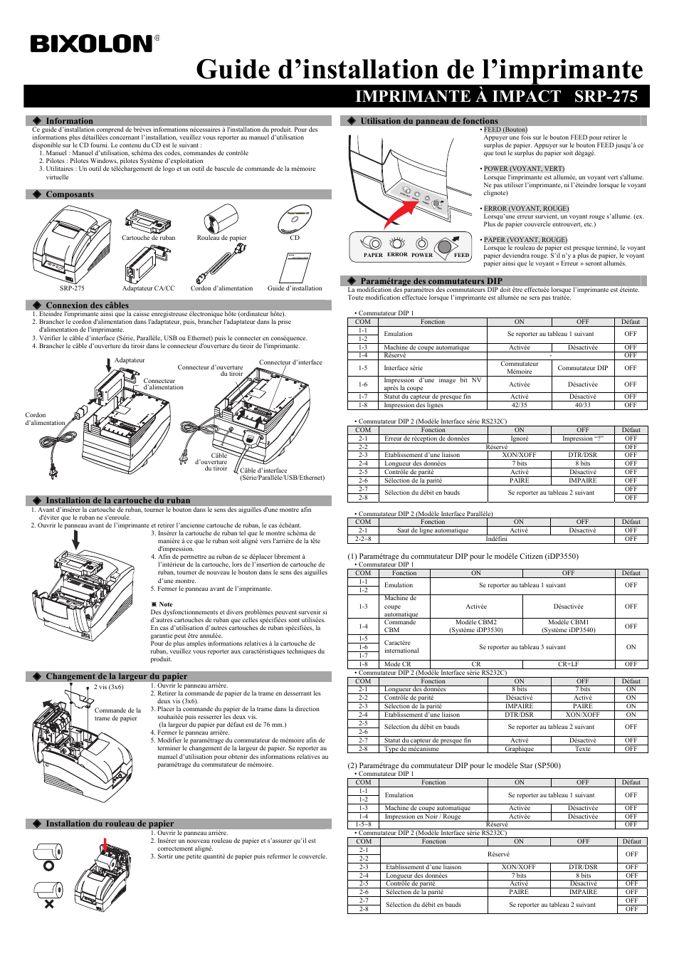 Guide d’installation de l’imprimante, Imprimante à impact srp-275 | BIXOLON SRP-275 User Manual | Page 3 / 8