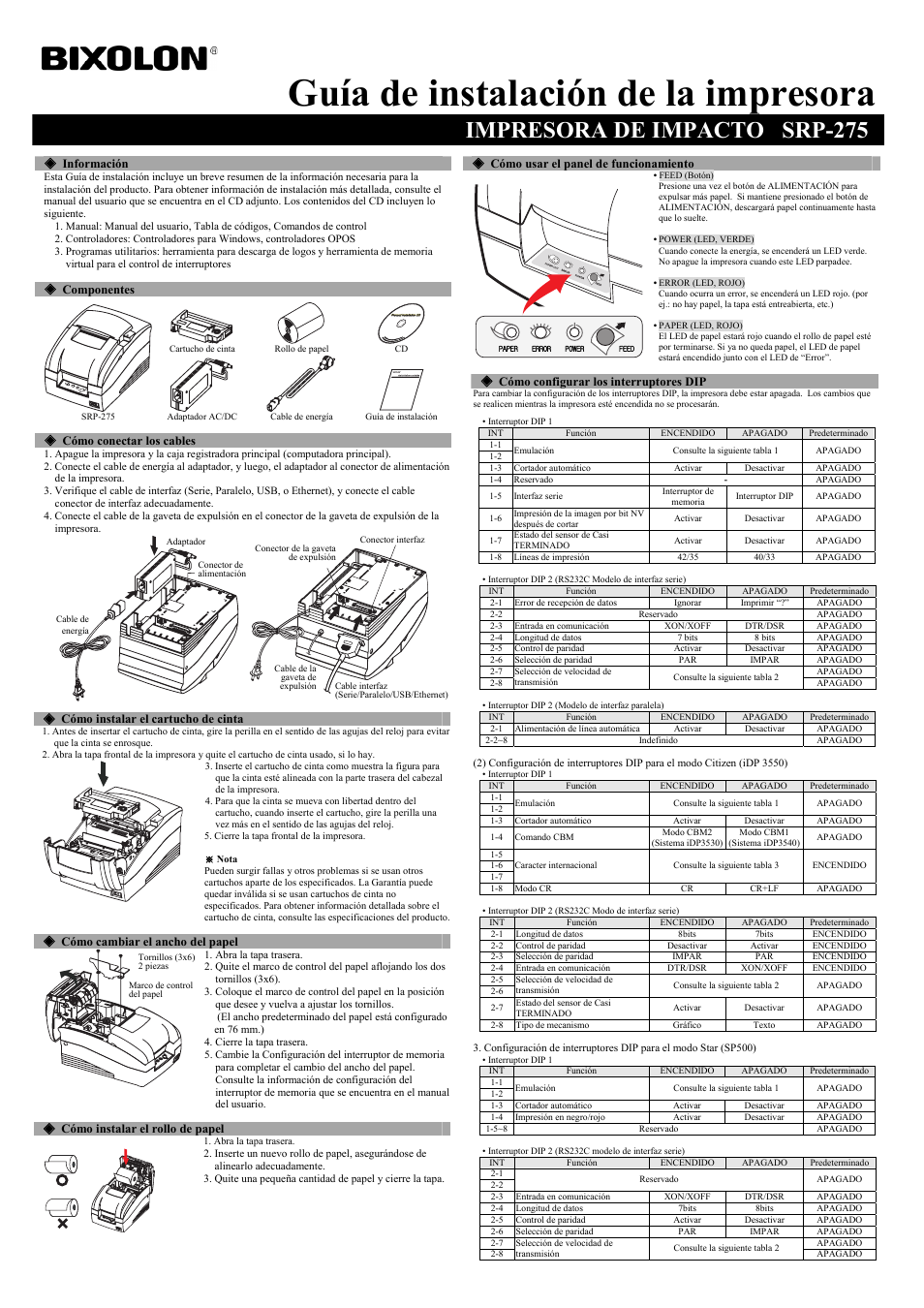 Guía de instalación de la impresora, Impresora de impacto srp-275 | BIXOLON SRP-275 User Manual | Page 5 / 8