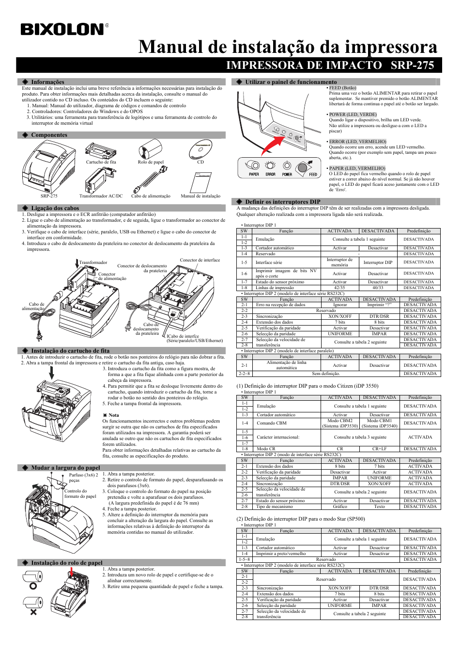 Manual de instalação da impressora, Impressora de impacto srp-275 | BIXOLON SRP-275 User Manual | Page 7 / 8