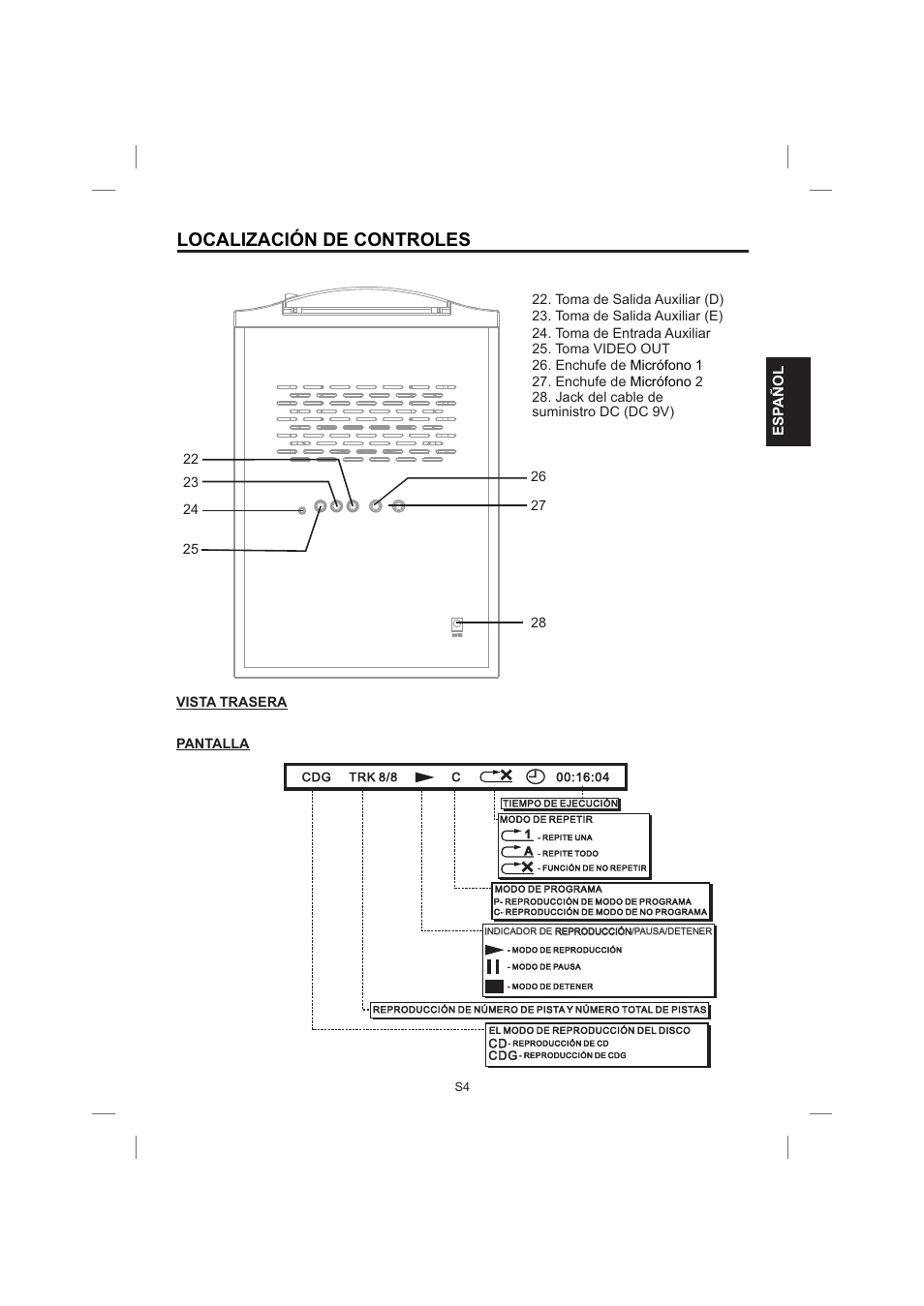 Localización de controles, Esp añol | Singing Machine STVG359 User Manual | Page 17 / 40