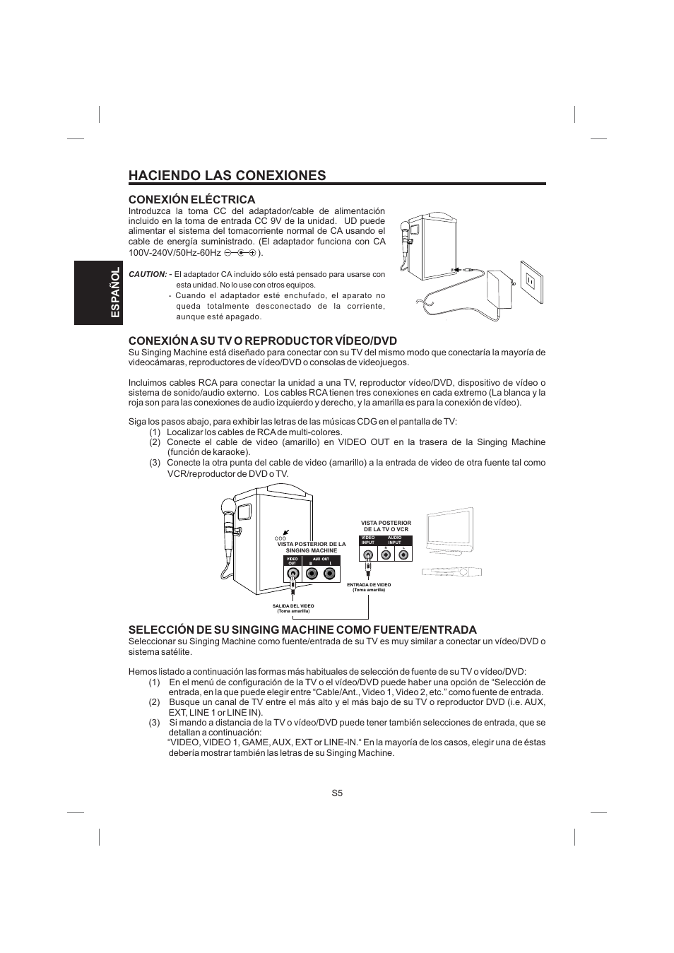 Haciendo las conexiones, Conexión a su tv o reproductor vídeo/dvd, Esp añol | Singing Machine STVG359 User Manual | Page 18 / 40
