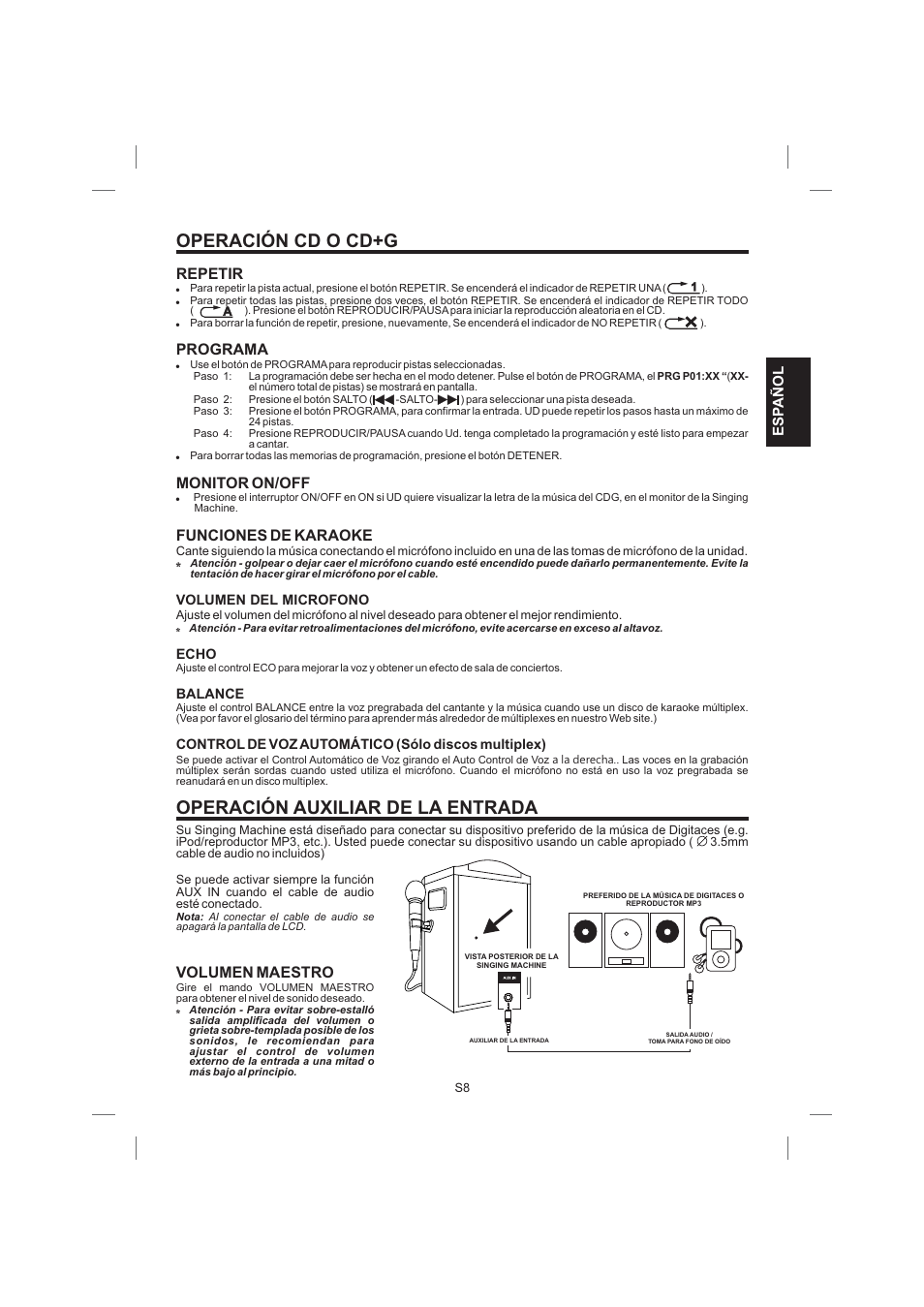 Operación cd o cd+g, Operación auxiliar de la entrada, Esp añol | Singing Machine STVG359 User Manual | Page 21 / 40