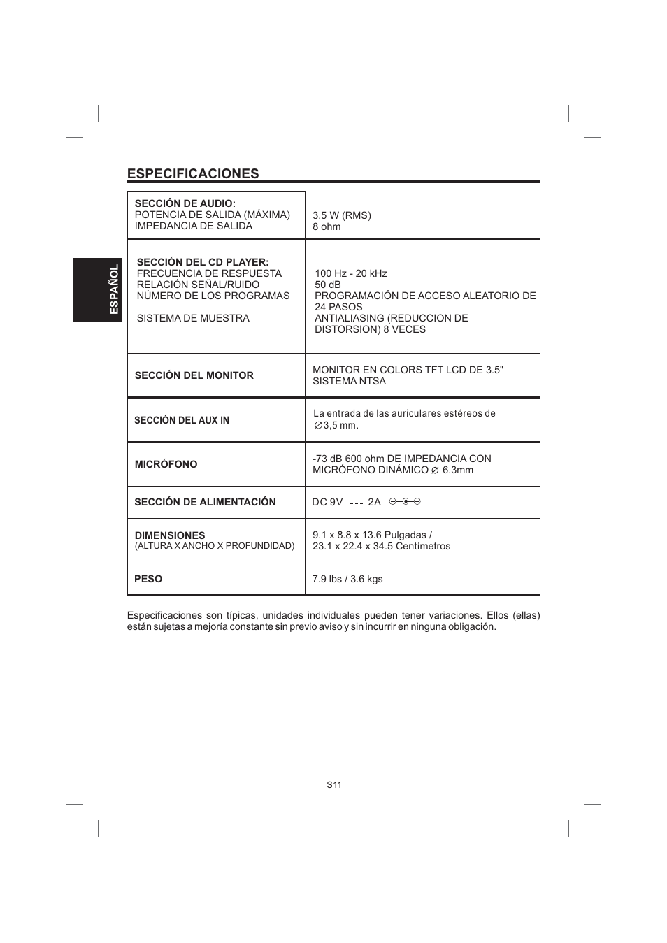Especificaciones | Singing Machine STVG359 User Manual | Page 24 / 40