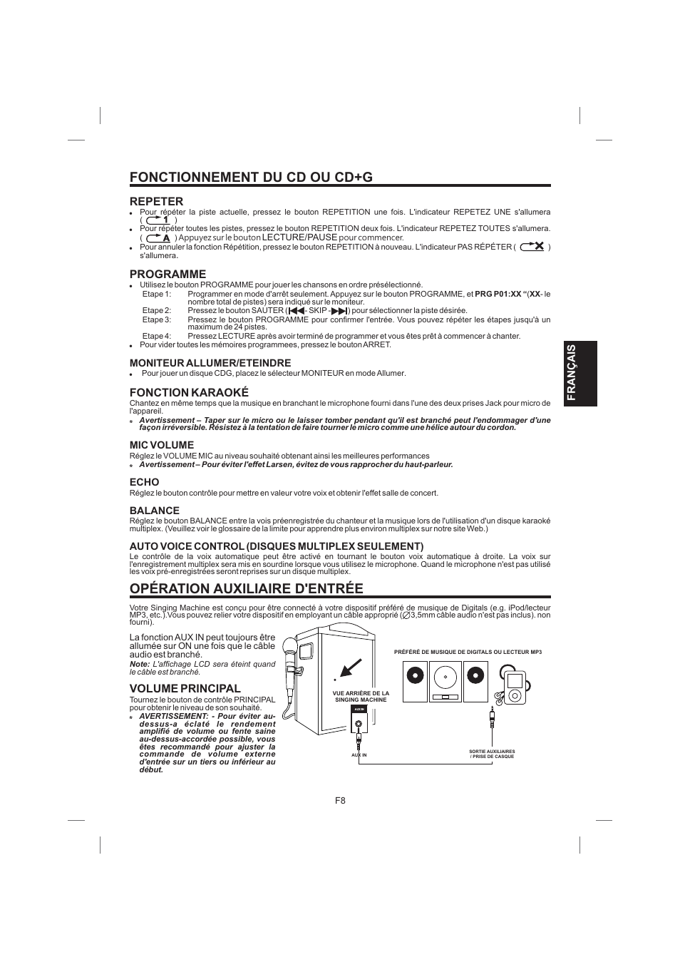 Fonctionnement du cd ou cd+g, Opération auxiliaire d'entrée, Repeter | Fonction karaoké volume principal, Programme, Français | Singing Machine STVG359 User Manual | Page 33 / 40