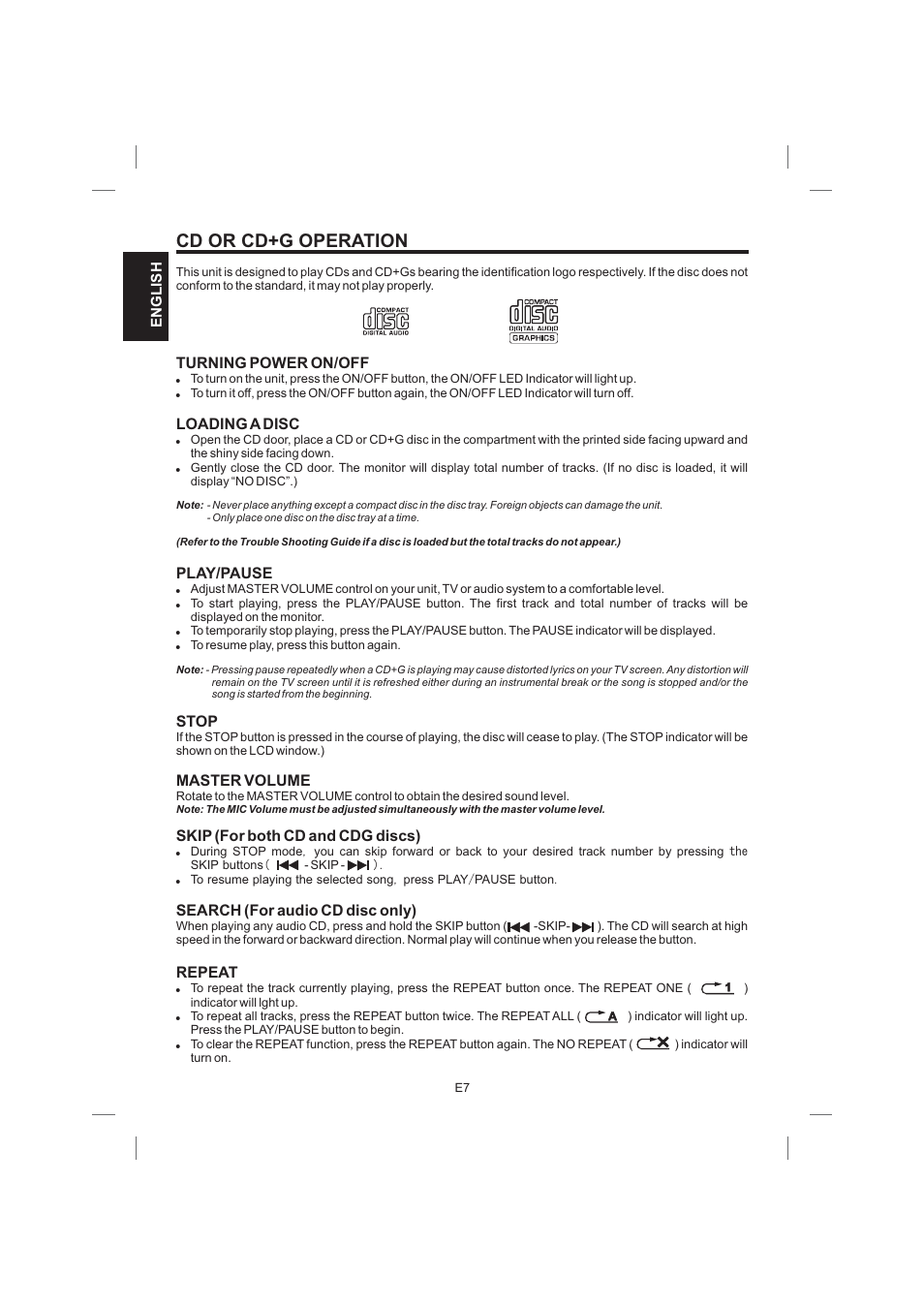 Cd or cd+g operation, Turning power on/off | Singing Machine STVG359 User Manual | Page 8 / 40