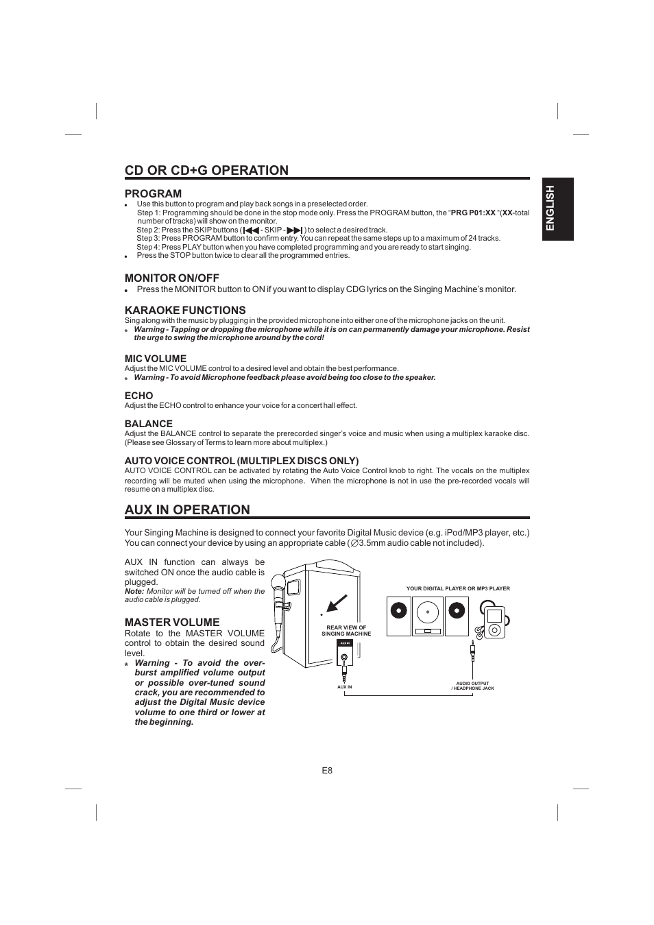 Cd or cd+g operation aux in operation, Program, Monitor on/off karaoke functions master volume | English | Singing Machine STVG359 User Manual | Page 9 / 40