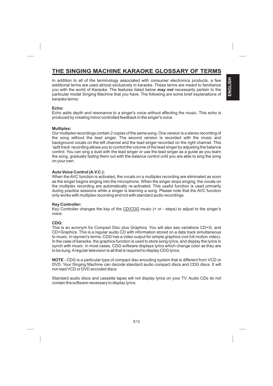 The singing machine karaoke glossary of terms | Singing Machine STVG559 User Manual | Page 13 / 40