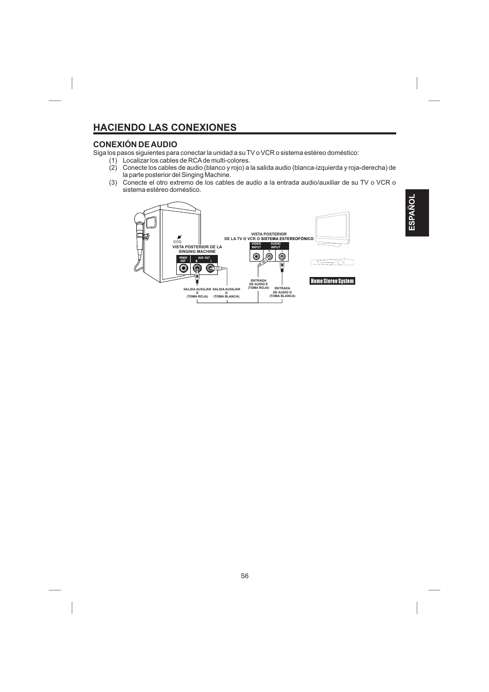 Haciendo las conexiones, Conexión de audio, Esp añol | Singing Machine STVG559 User Manual | Page 19 / 40