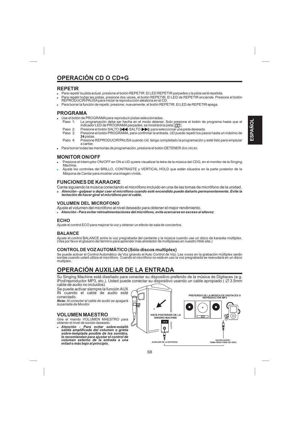 Operación cd o cd+g, Operación auxiliar de la entrada, Esp añol | Singing Machine STVG559 User Manual | Page 21 / 40