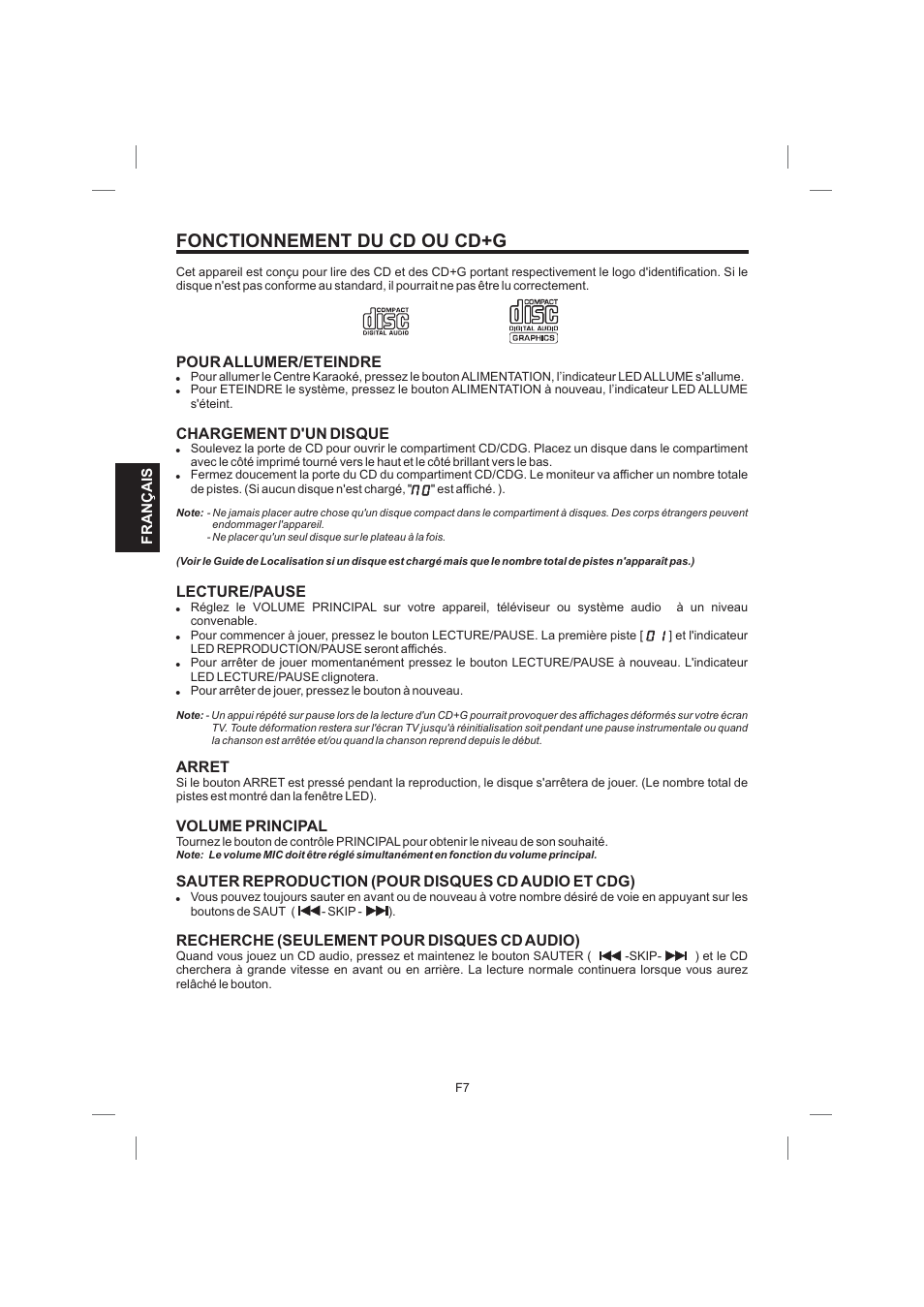 Fonctionnement du cd ou cd+g, Pour allumer/eteindre chargement d'un disque | Singing Machine STVG559 User Manual | Page 32 / 40