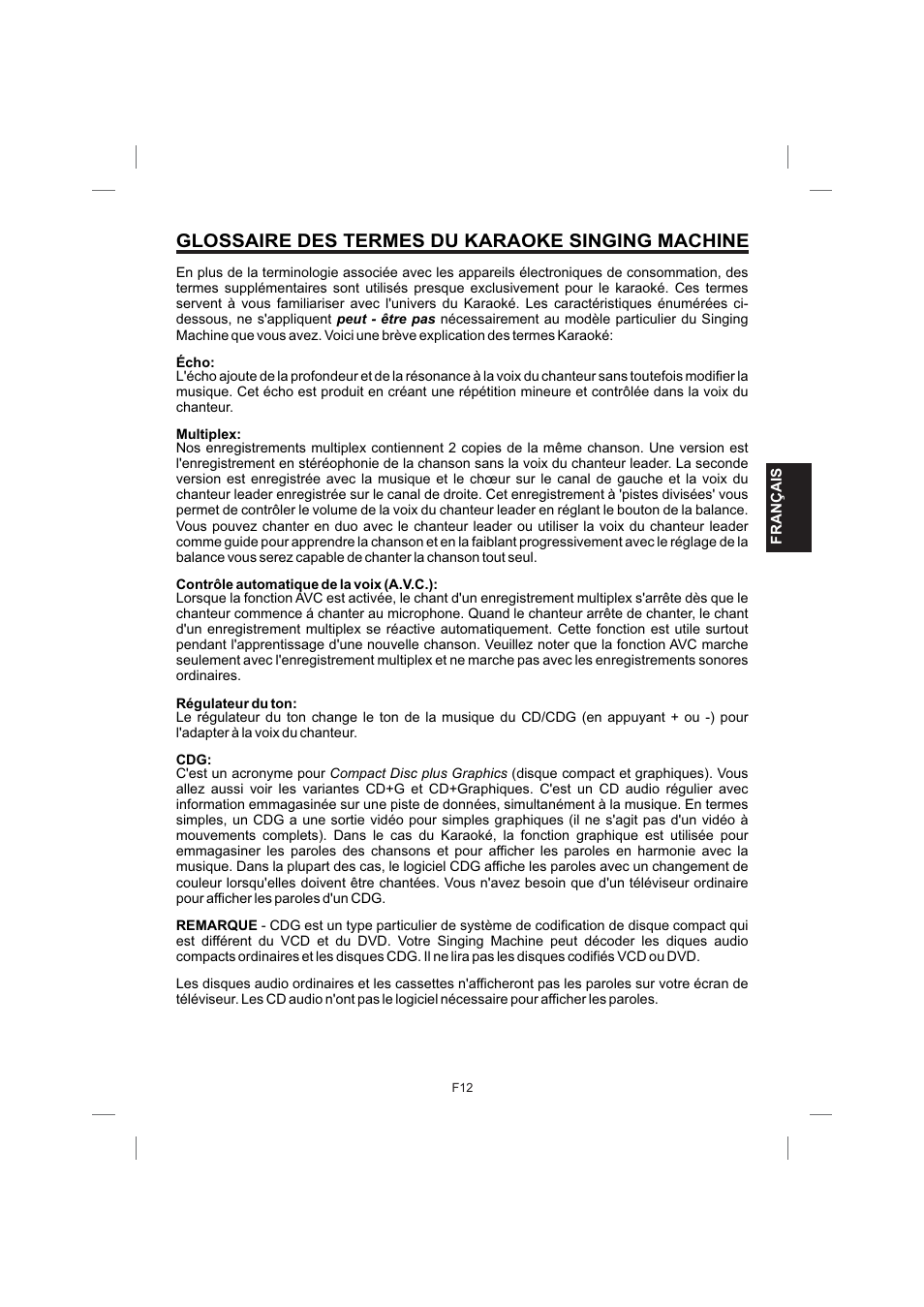 Glossaire des termes du karaoke singing machine | Singing Machine STVG559 User Manual | Page 37 / 40