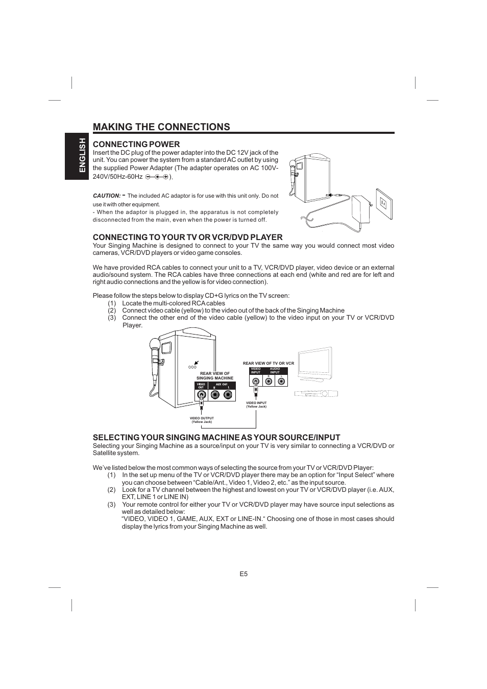 Making the connections, Connecting to your tv or vcr/dvd player, English | Singing Machine STVG559 User Manual | Page 6 / 40