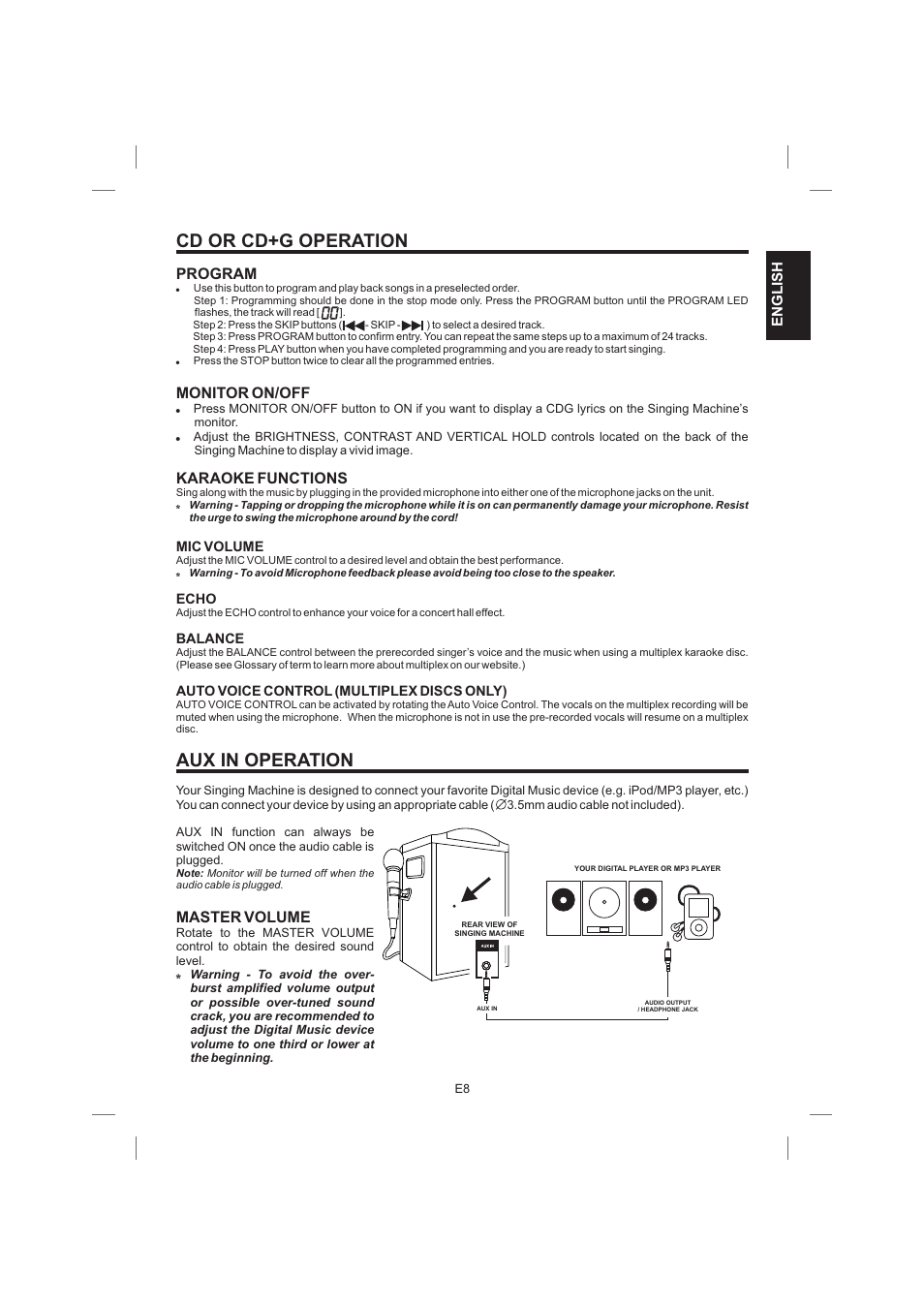 Cd or cd+g operation, Aux in operation, Program | Monitor on/off karaoke functions master volume | Singing Machine STVG559 User Manual | Page 9 / 40