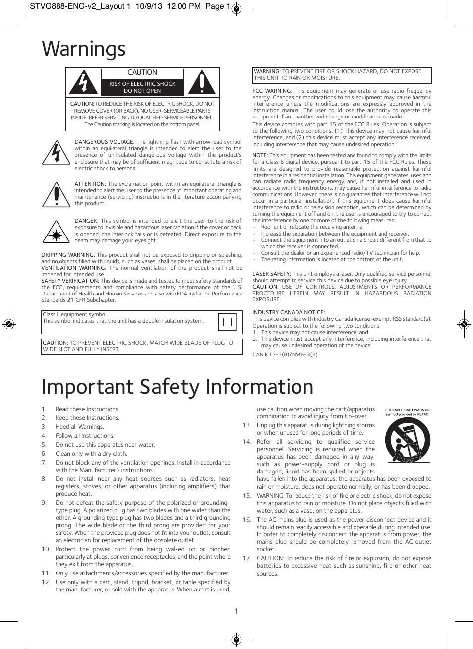 Warnings, Important safety information | Singing Machine STVG888 User Manual | Page 2 / 24