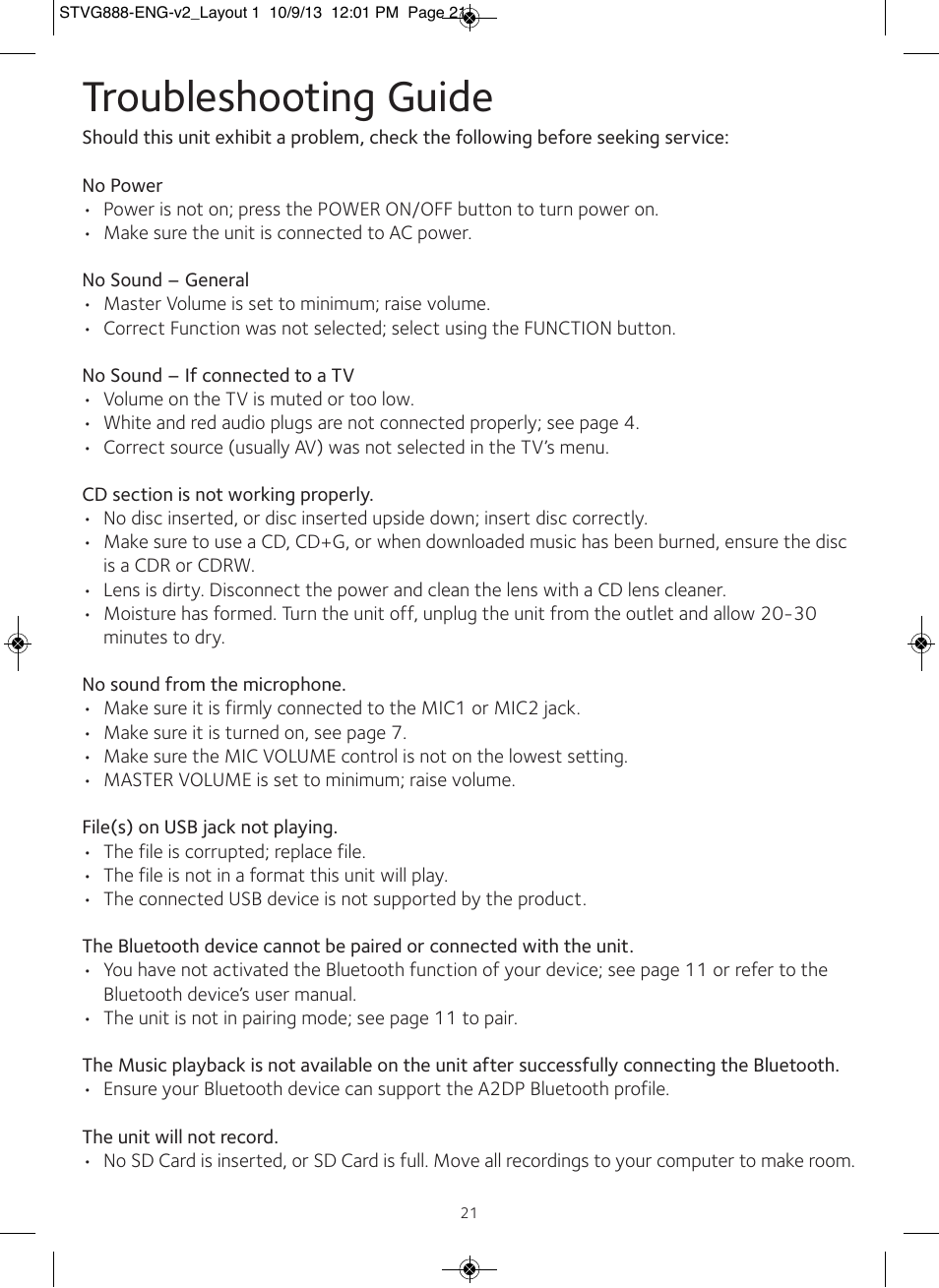Troubleshooting guide | Singing Machine STVG888 User Manual | Page 22 / 24