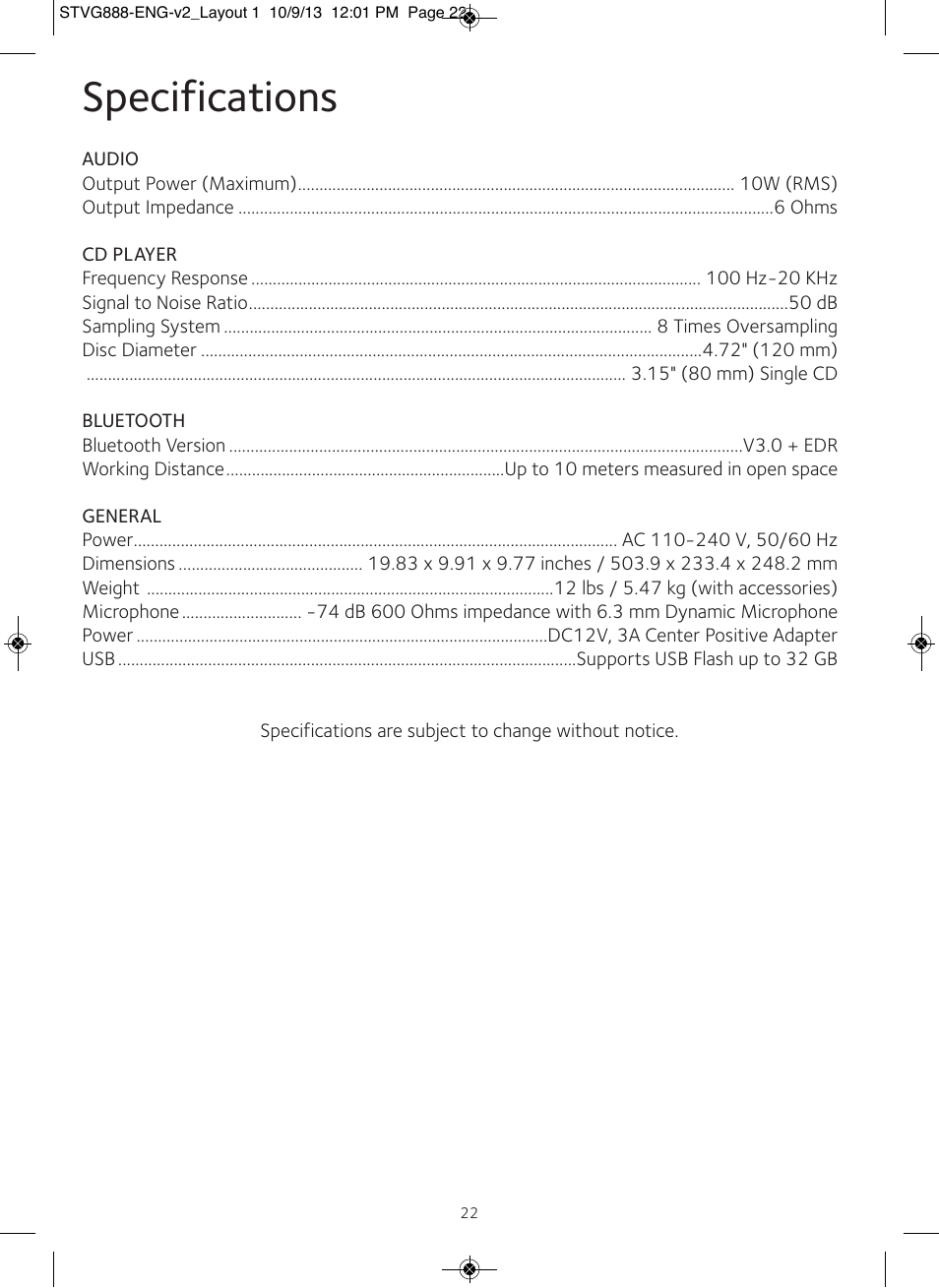 Specifications | Singing Machine STVG888 User Manual | Page 23 / 24