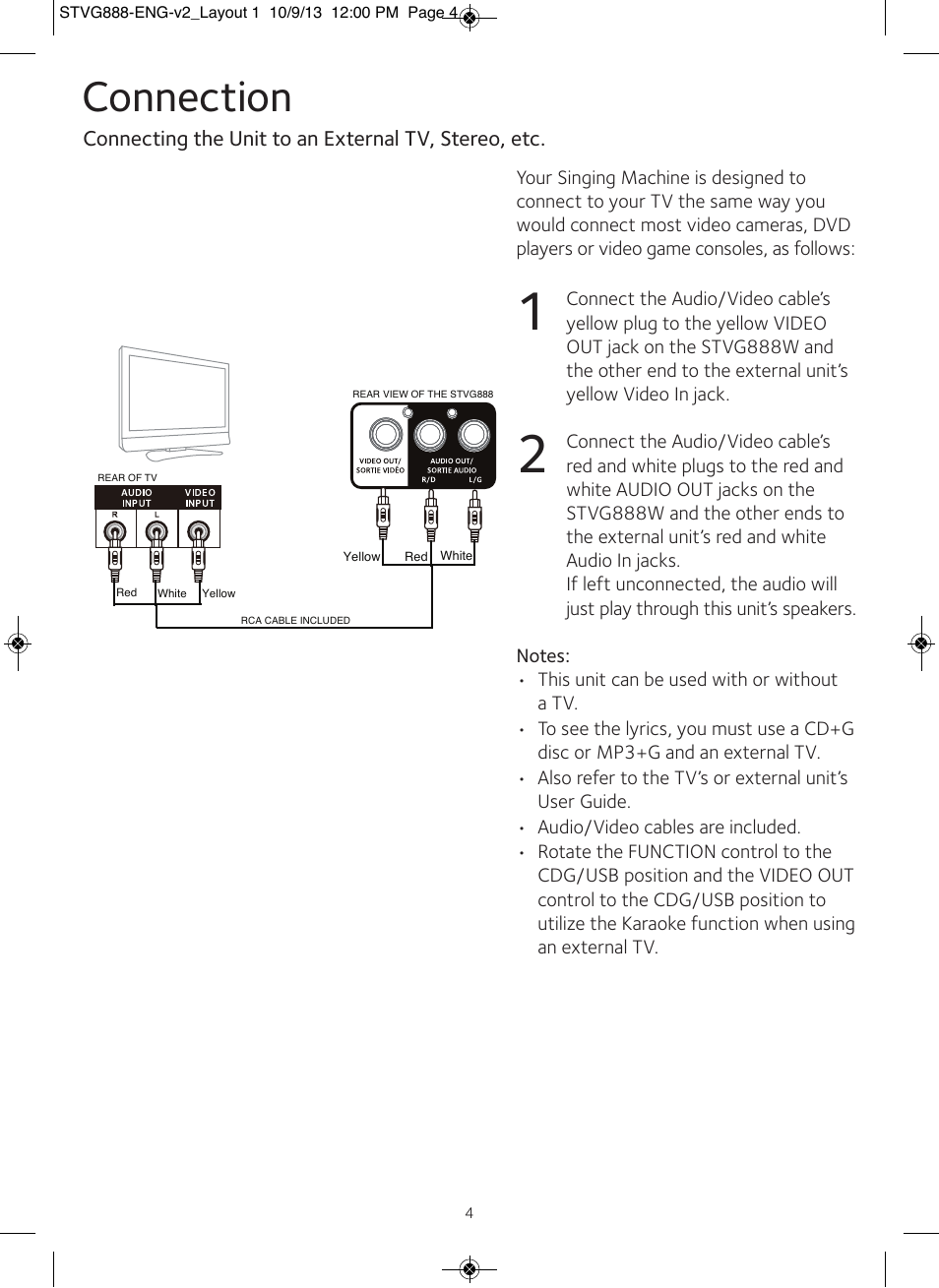 Connection | Singing Machine STVG888 User Manual | Page 5 / 24