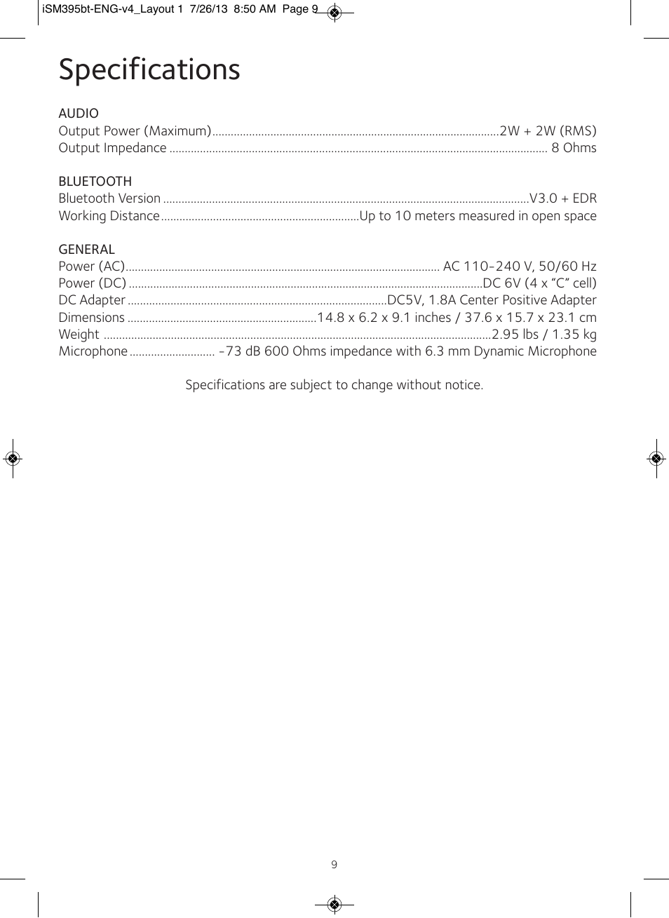 Specifications | Singing Machine iSM395BT User Manual | Page 10 / 12