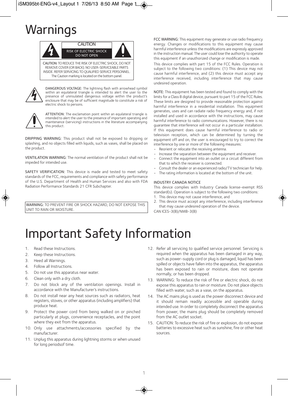 Warnings, Important safety information | Singing Machine iSM395BT User Manual | Page 2 / 12