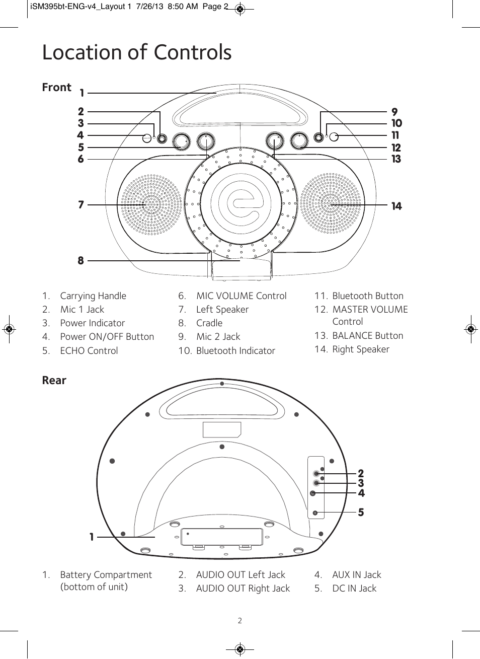 Location of controls | Singing Machine iSM395BT User Manual | Page 3 / 12