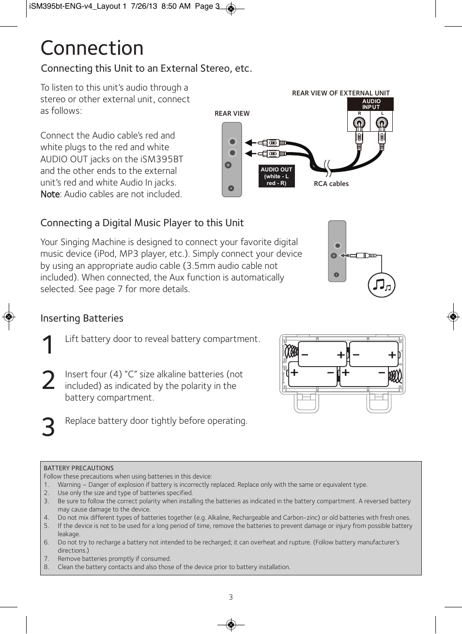 Connection | Singing Machine iSM395BT User Manual | Page 4 / 12