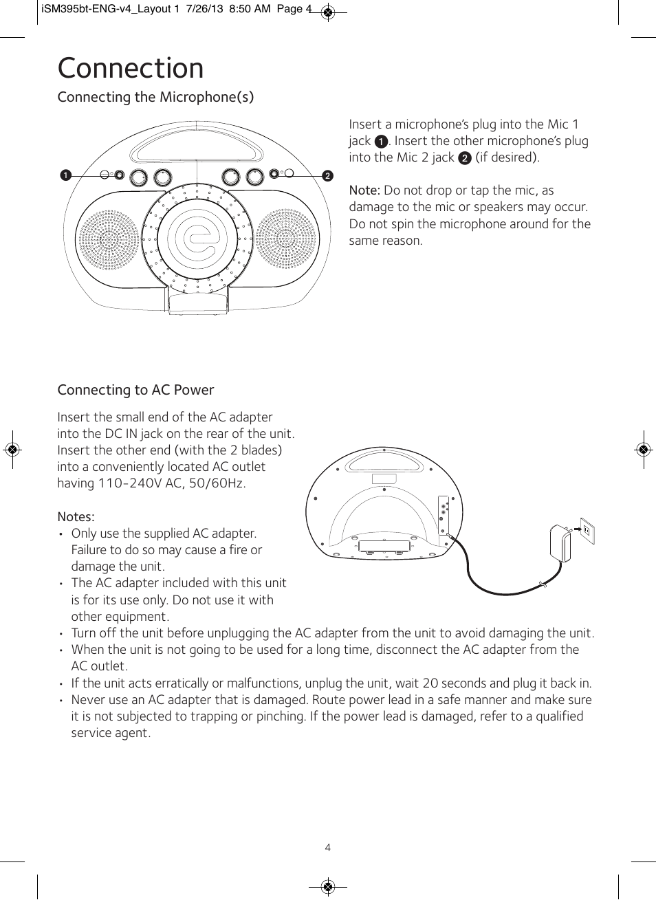 Connection | Singing Machine iSM395BT User Manual | Page 5 / 12