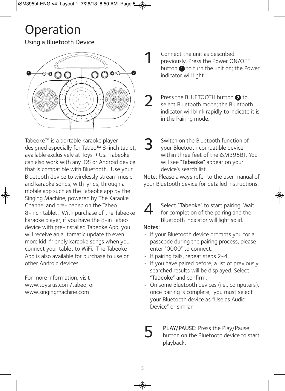 Operation | Singing Machine iSM395BT User Manual | Page 6 / 12
