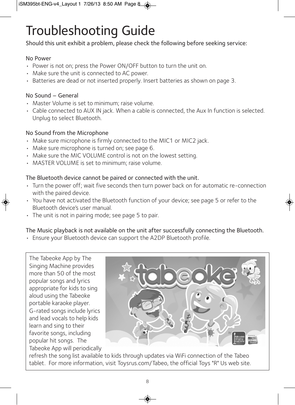 Troubleshooting guide | Singing Machine iSM395BT User Manual | Page 9 / 12