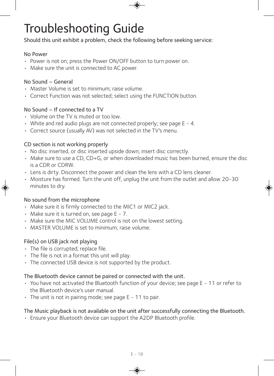 Troubleshooting guide | Singing Machine iSM990 User Manual | Page 19 / 40