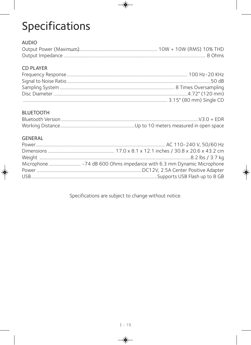 Specifications | Singing Machine iSM990 User Manual | Page 20 / 40
