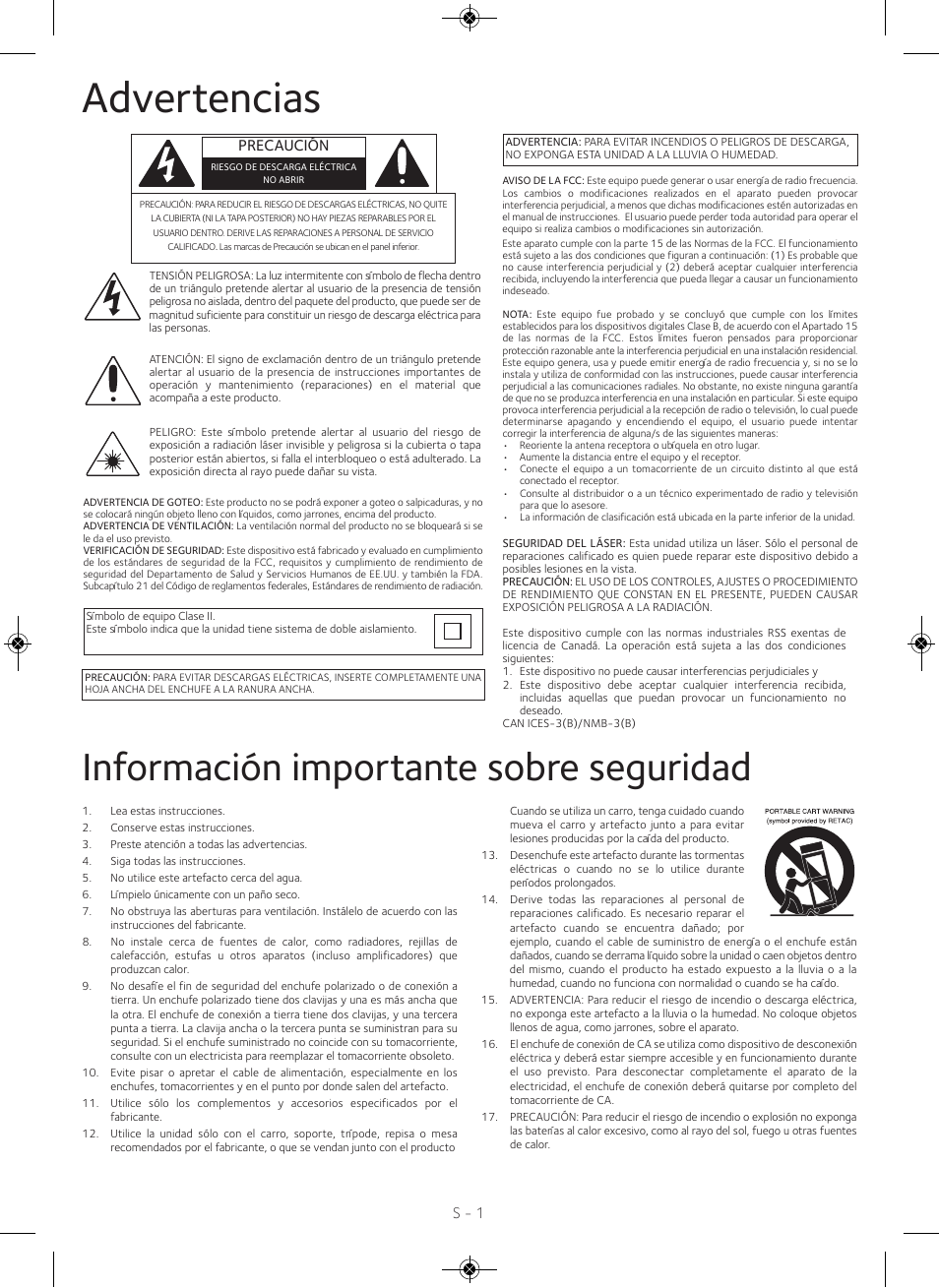 Advertencias, Información importante sobre seguridad, Precaución | S - 1 | Singing Machine iSM990 User Manual | Page 21 / 40
