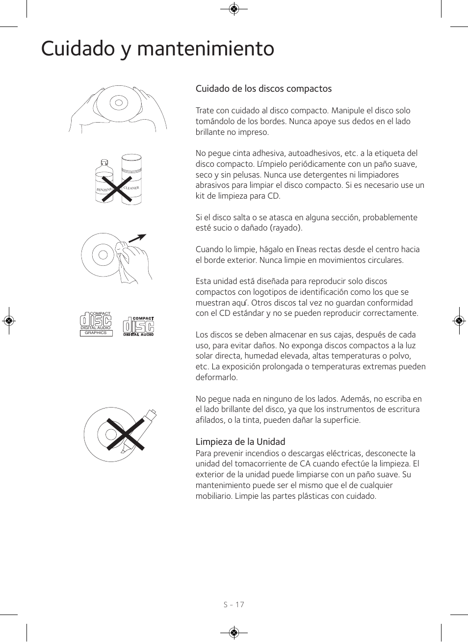 Cuidado y mantenimiento, Cuidado de los discos compactos, Limpieza de la unidad | Singing Machine iSM990 User Manual | Page 37 / 40