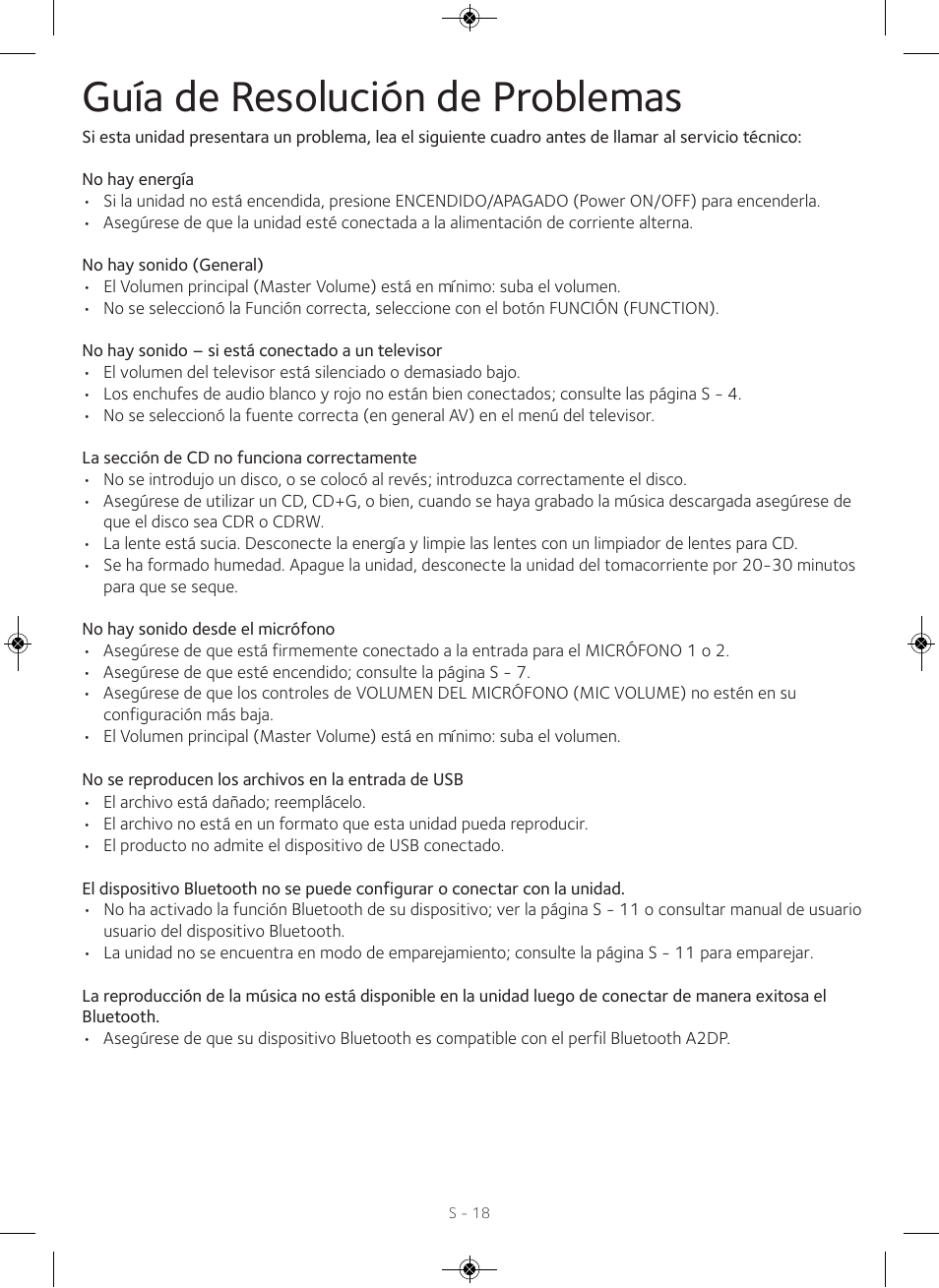 Guía de resolución de problemas | Singing Machine iSM990 User Manual | Page 38 / 40