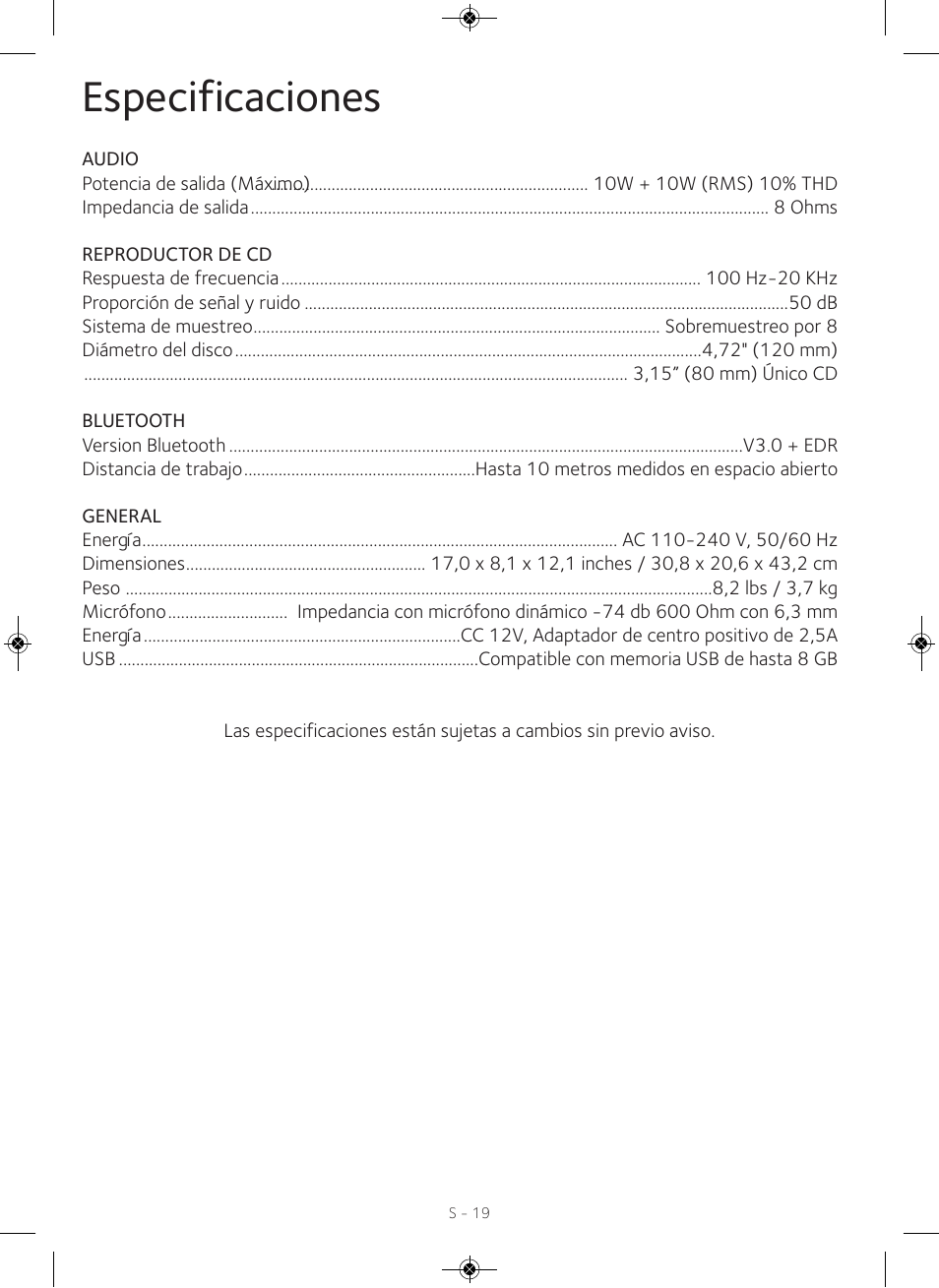 Especificaciones | Singing Machine iSM990 User Manual | Page 39 / 40