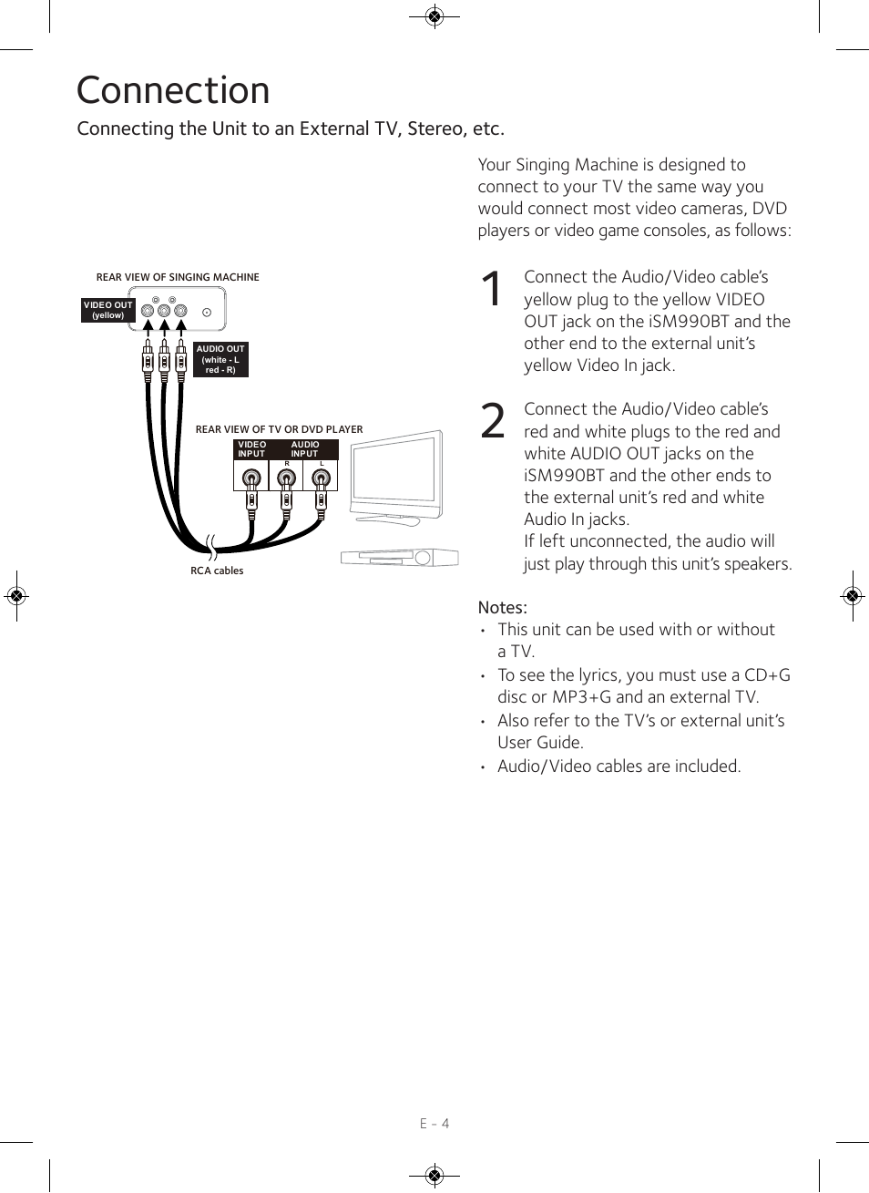 Connection, Connecting the unit to an external tv, stereo, etc | Singing Machine iSM990 User Manual | Page 5 / 40